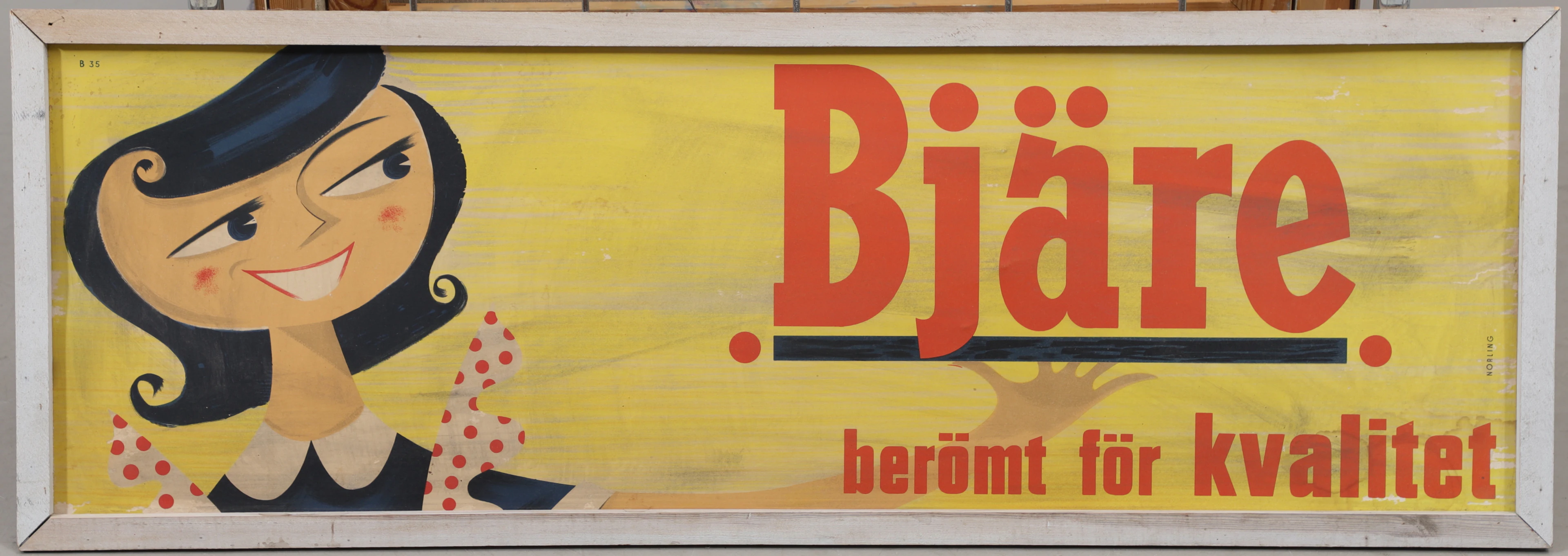 REKLAMSKYLT, "Bjäre - berömt för kvalitet", Norling, 1950-tal.