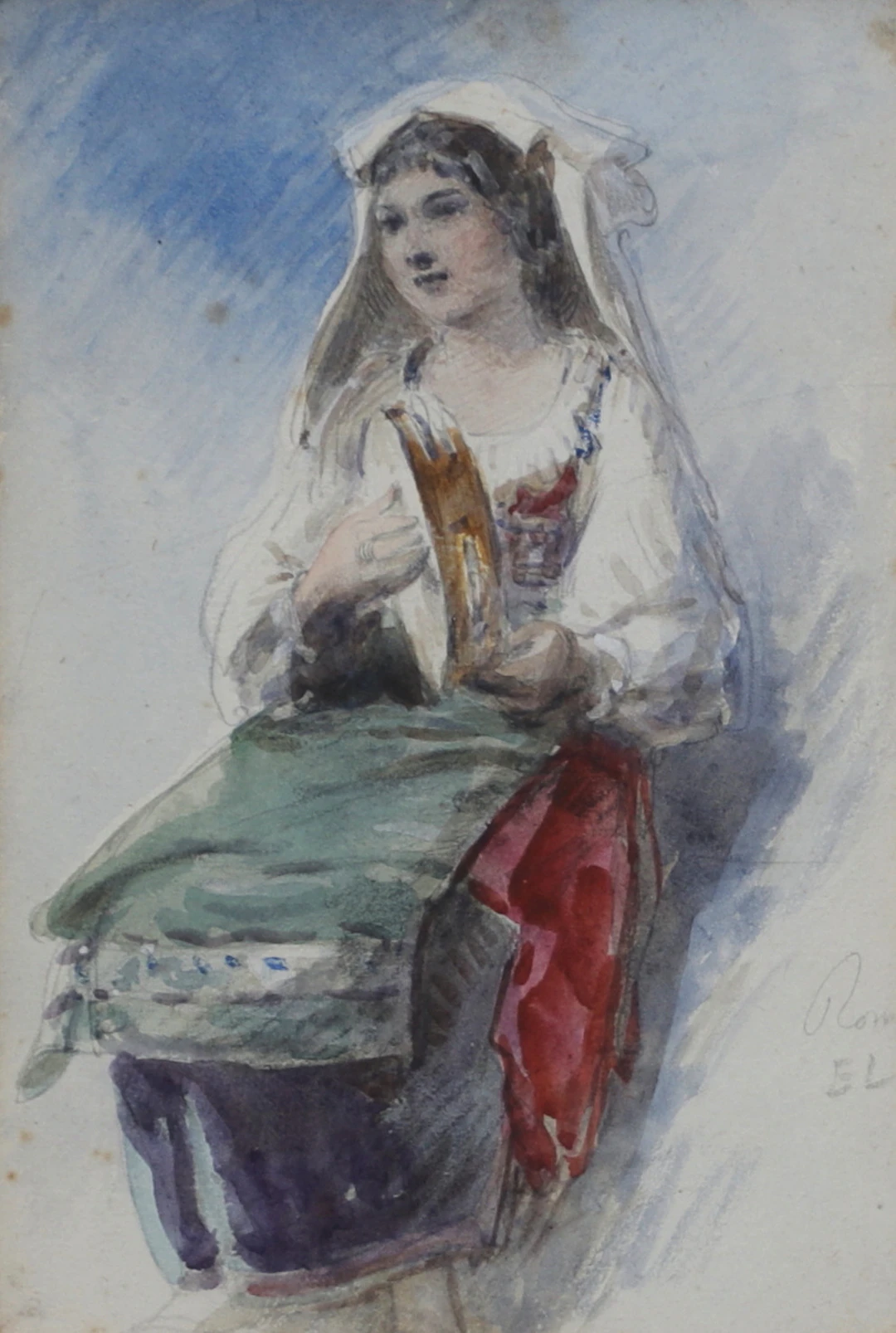 EGRON LUNDGREN. Flicka med tamburin. Akvarell, monogramsignerad.