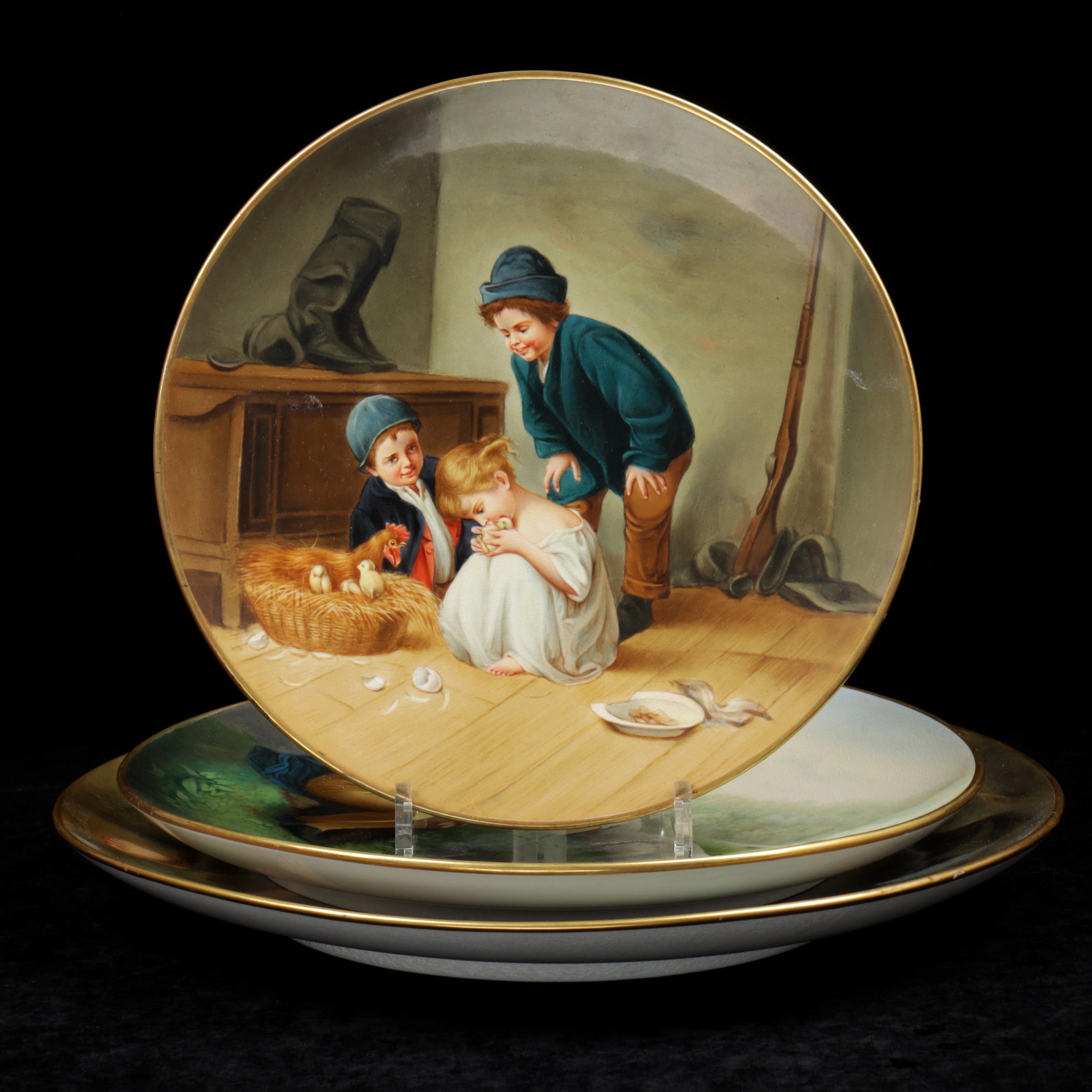 TALLRIKAR, 3 st, målade motiv, Gustafsberg, 1886.
