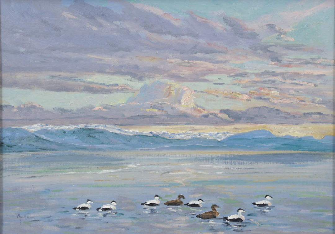 MAGNE HÅLAND. "Ejdrar i fjorden". Olja på pannå, signerad.