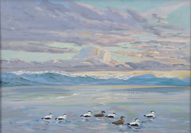 MAGNE HÅLAND. "Ejdrar i fjorden". Olja på pannå, signerad.