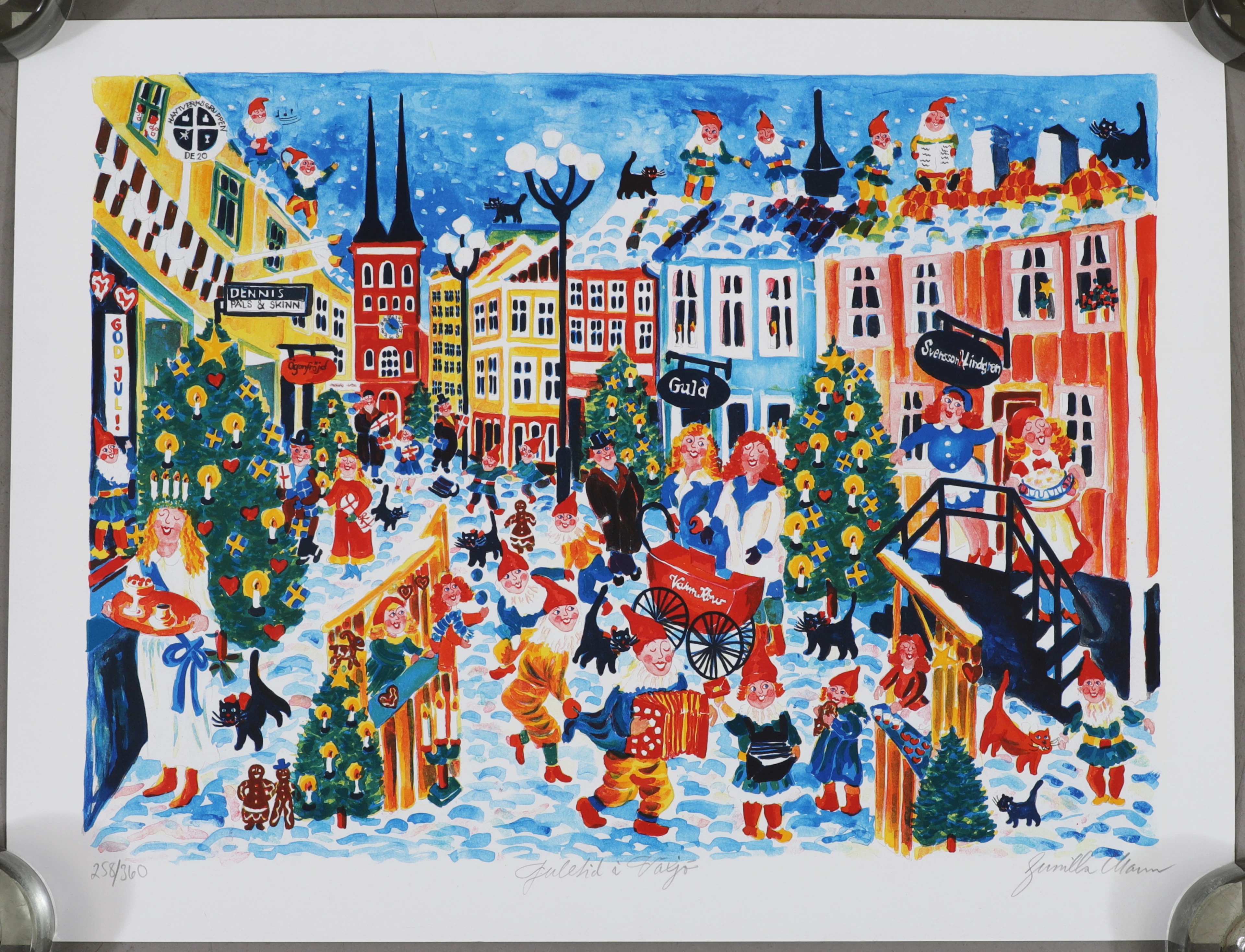 GUNILLA MANN. "Juletid i Växjö". Färglitografi, signerad och numrerad 258/360.