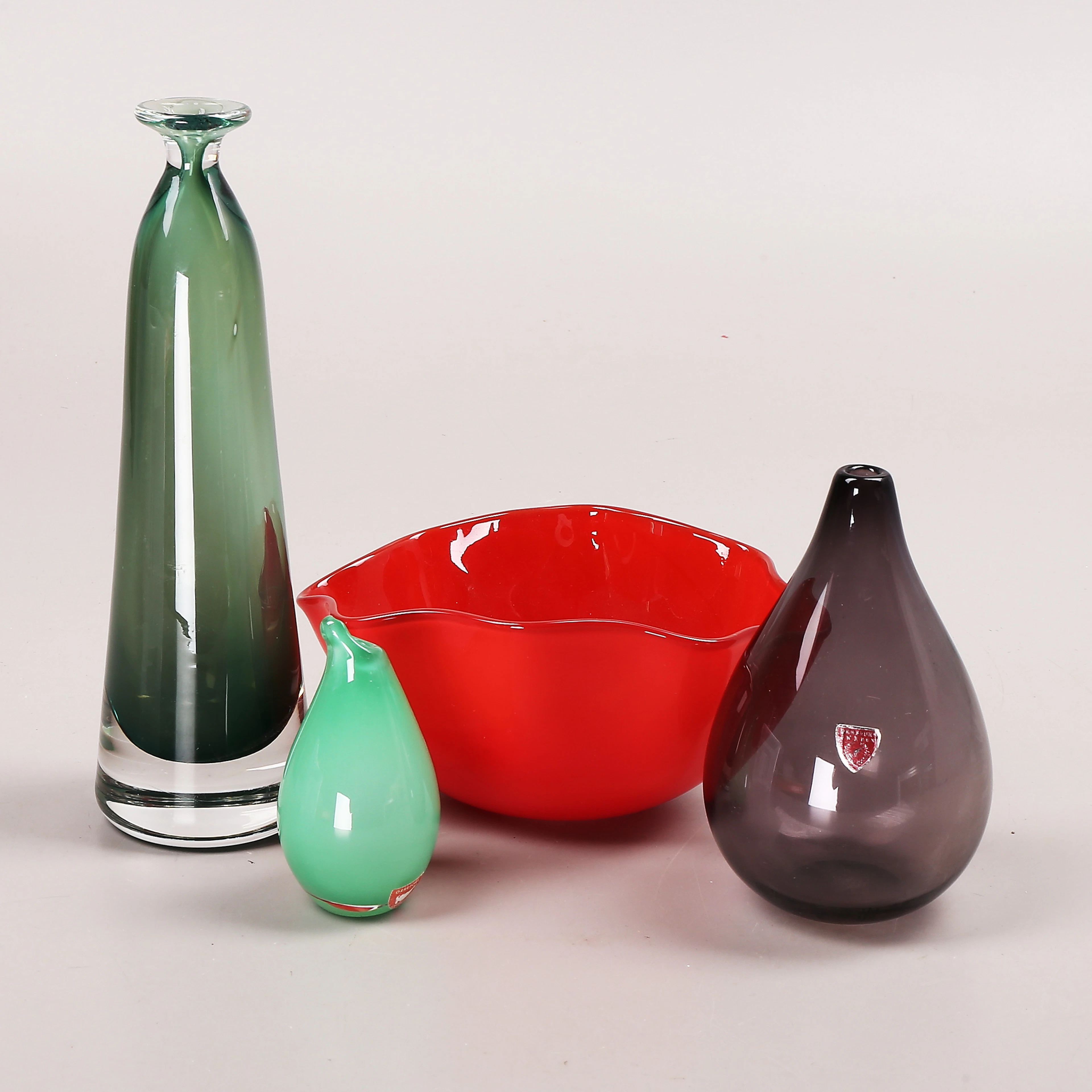 SKÅL samt VASER, 4 delar, glas, Sven Palmqvist, Ingeborg Lundin, Orrefors.