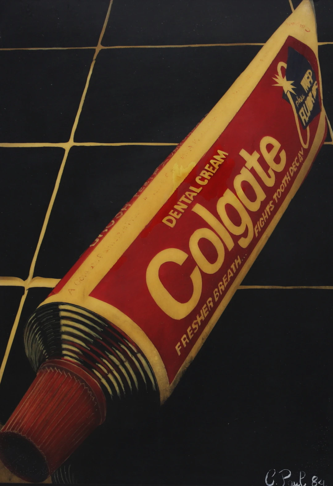 OIDENTIFIERAD KONSTNÄR. Colgate-tub, airbrush, signerad C Paul, daterad -84.