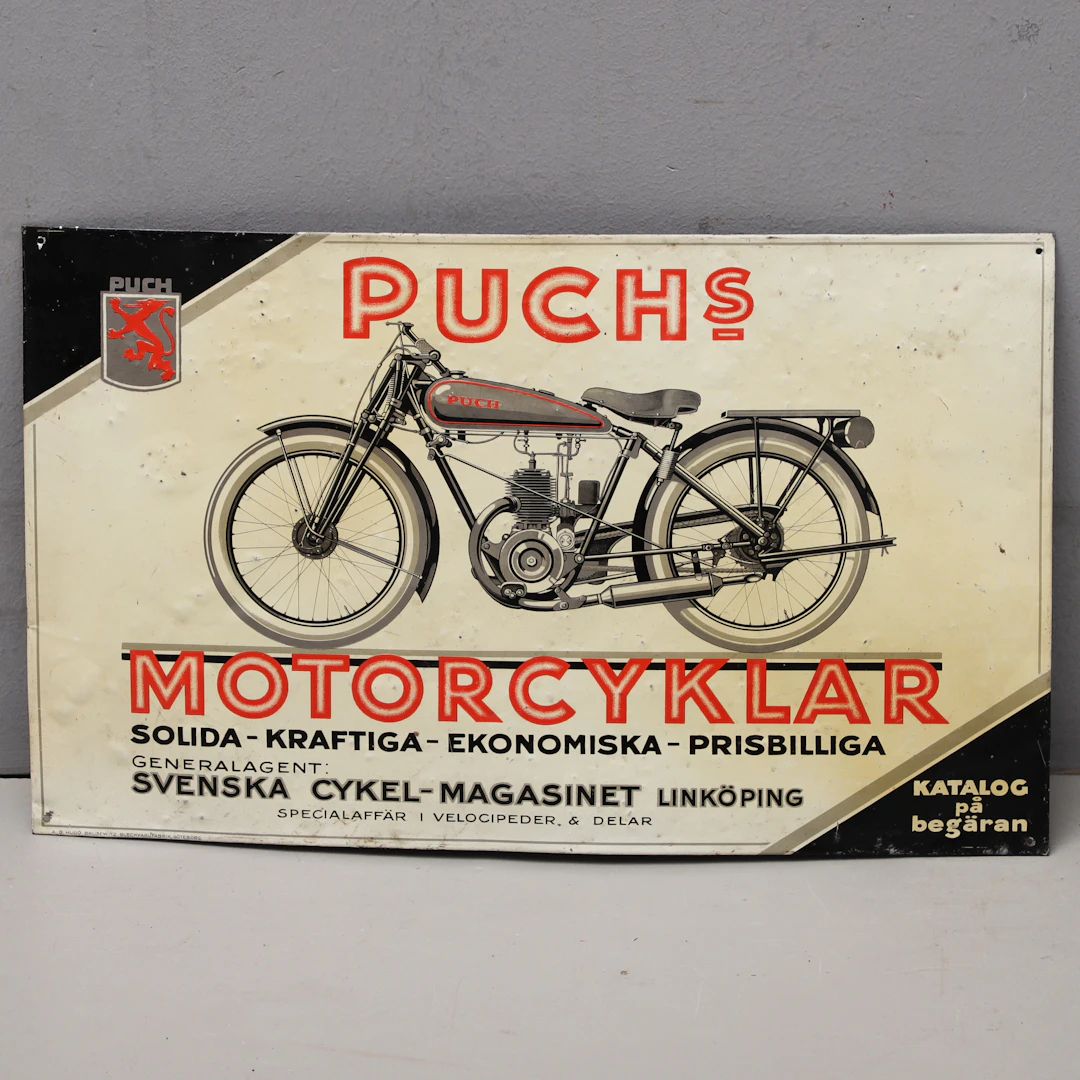PUCH MOTORCYKLAR, plåtskylt, Hugo Brusewitz Bleckvarufabrik, 1920/30-tal.