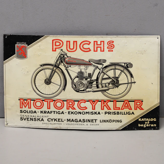 PUCH MOTORCYKLAR, plåtskylt, Hugo Brusewitz Bleckvarufabrik, 1920/30-tal.