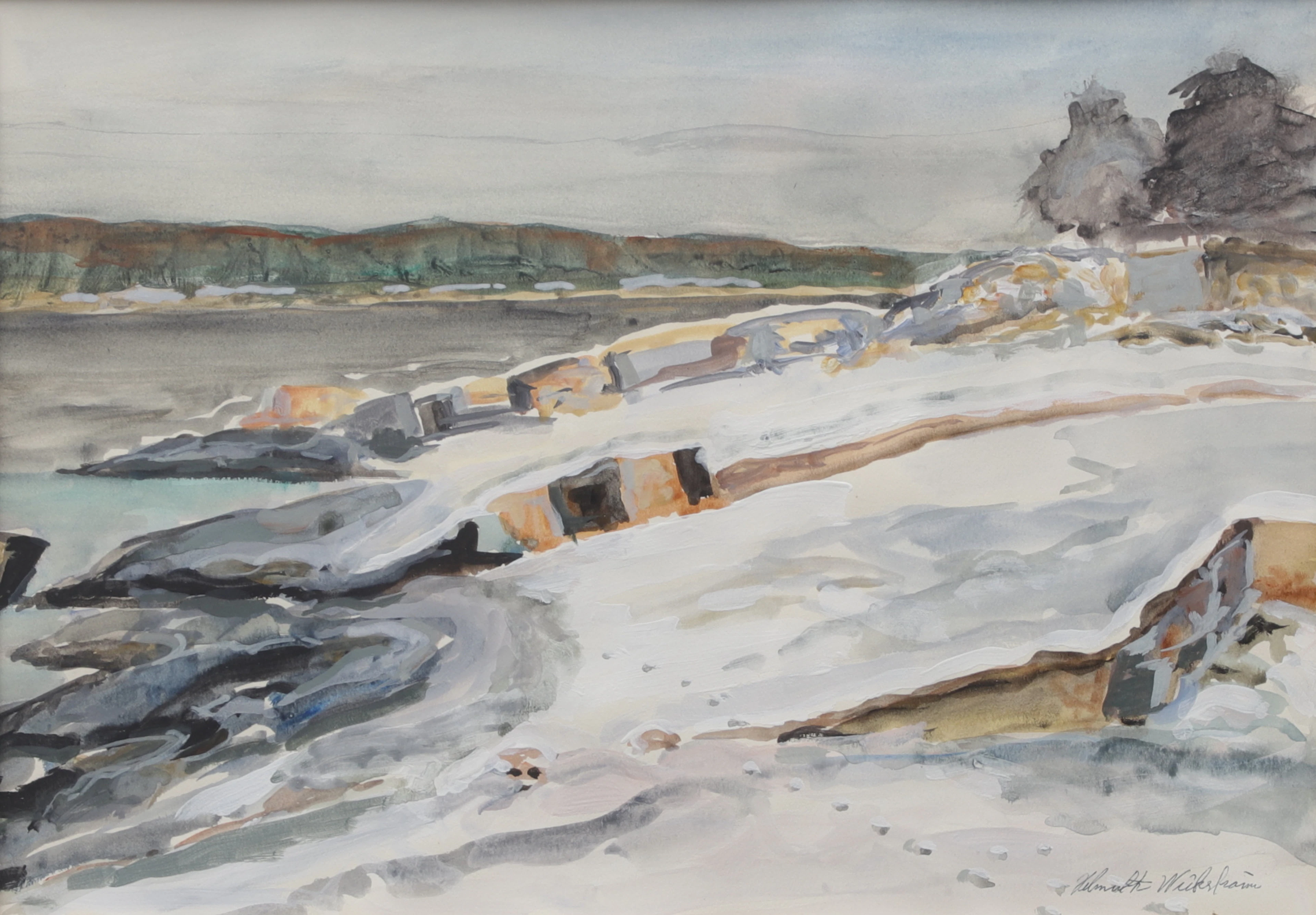 HELMUTH WICKSTRÖM. Vinter i skärgård, akvarell, signerad.