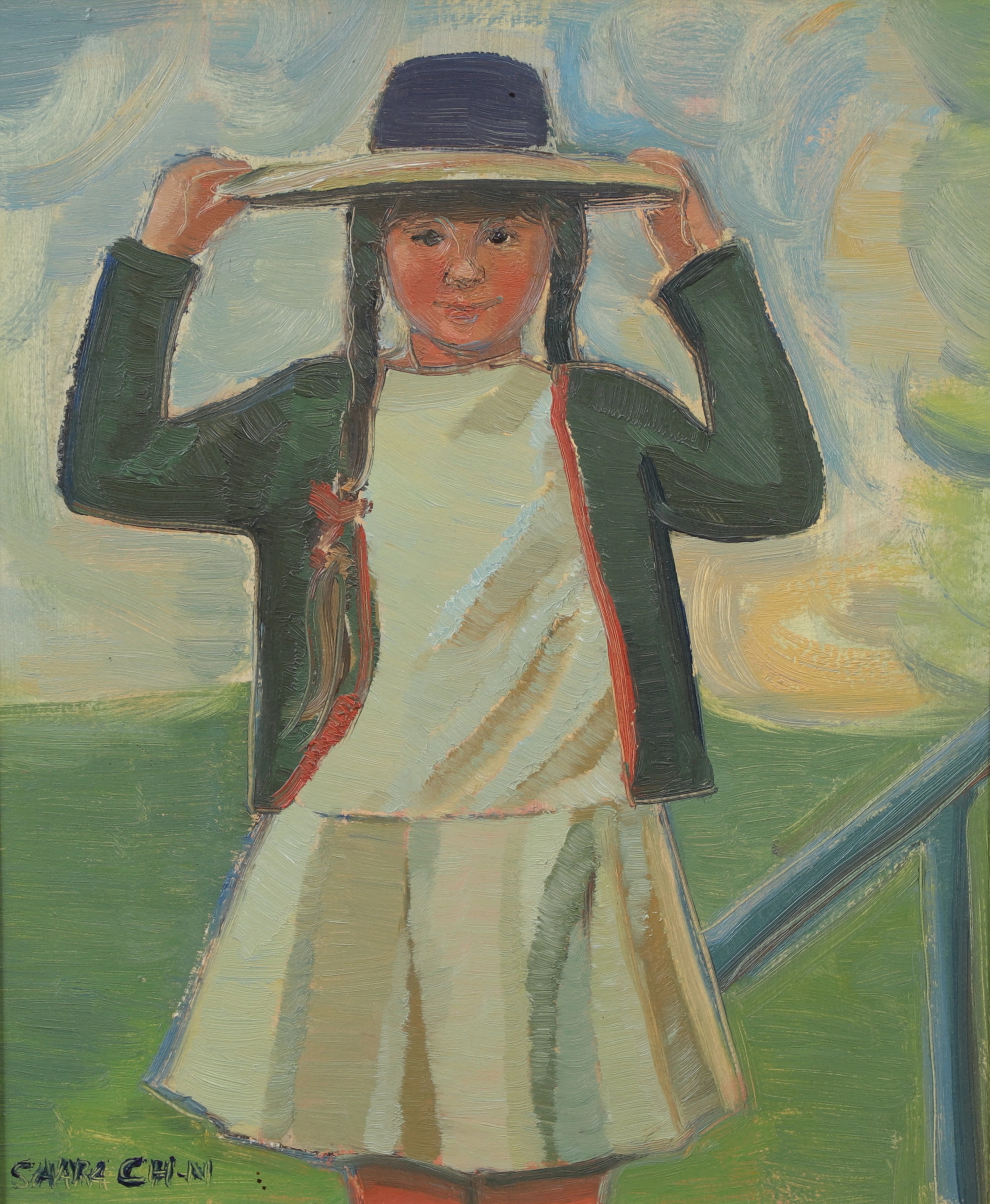 SAARA CHRISTIANSEN. "Flicka med hatt". Olja på pannå, signerad.