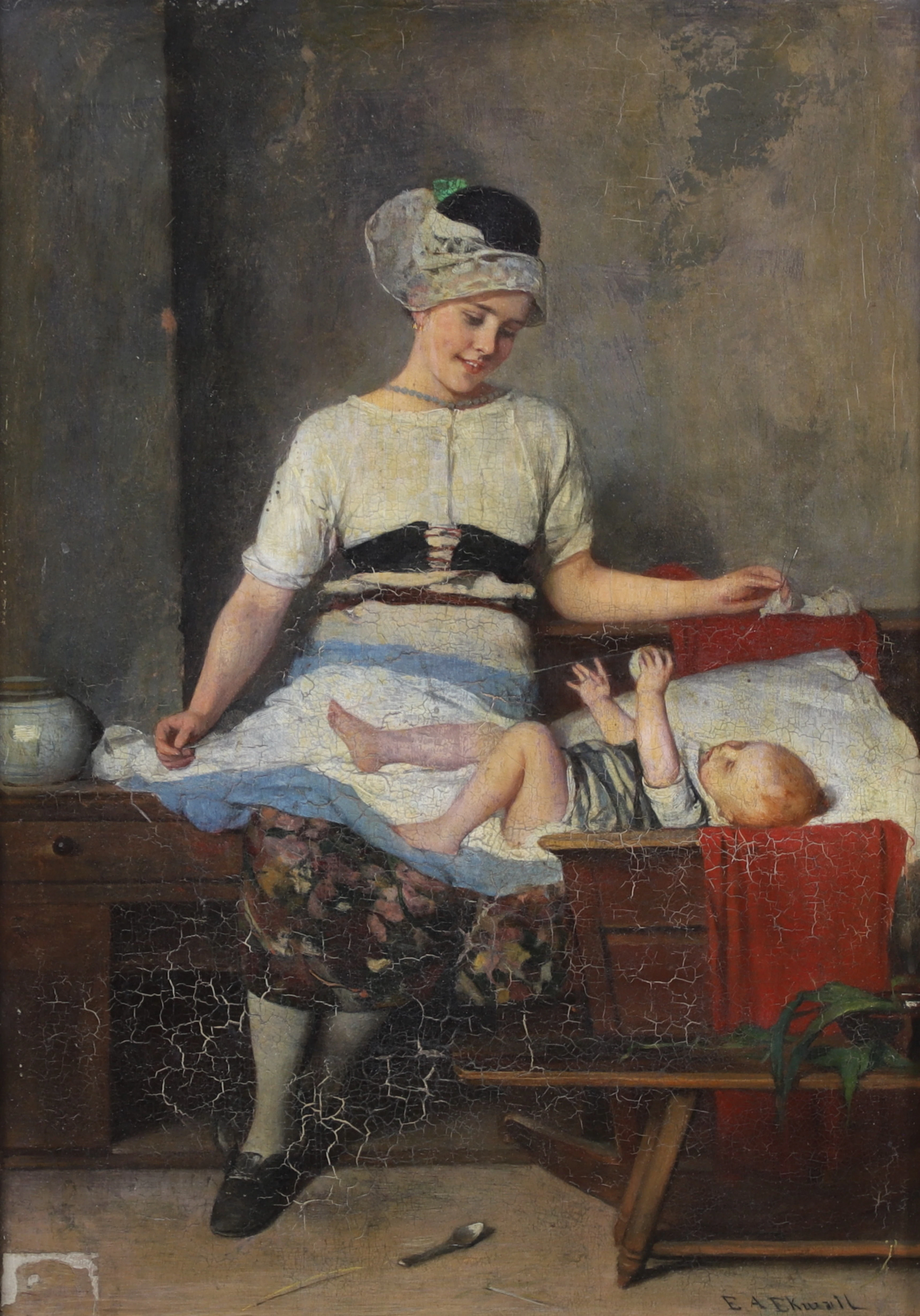 EMMA AMALIA EKWALL. Mamma vaggar sitt barn, olja på pannå, 1800/1900-tal.
