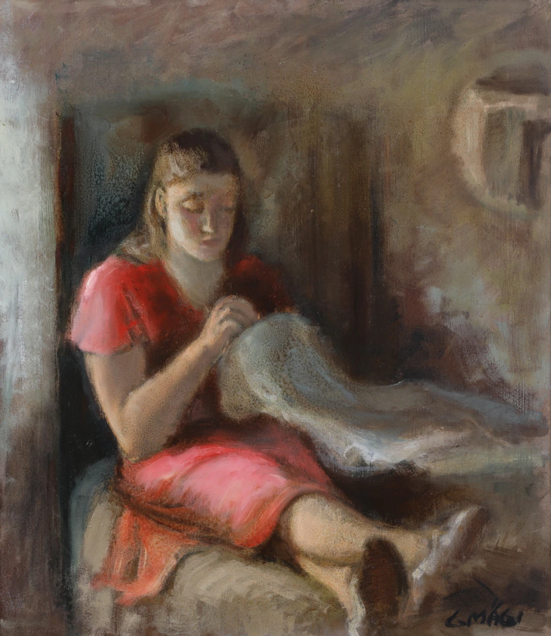 GUSTAV MÄGI. Olja på pannå, broderande kvinna, signerad.