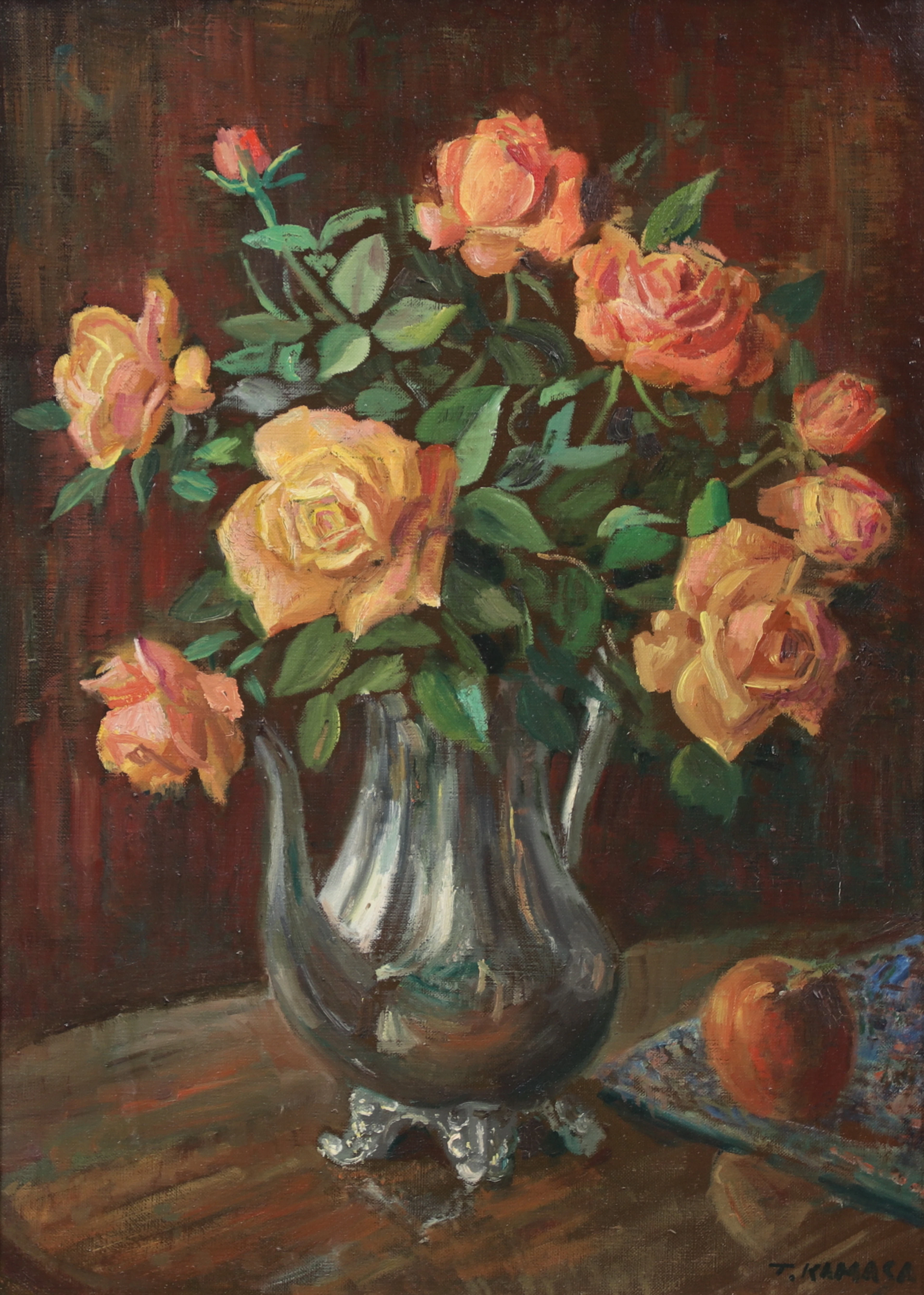 TADEUSZ KAMASA. Olja på duk, stilleben med rosor, signerad.