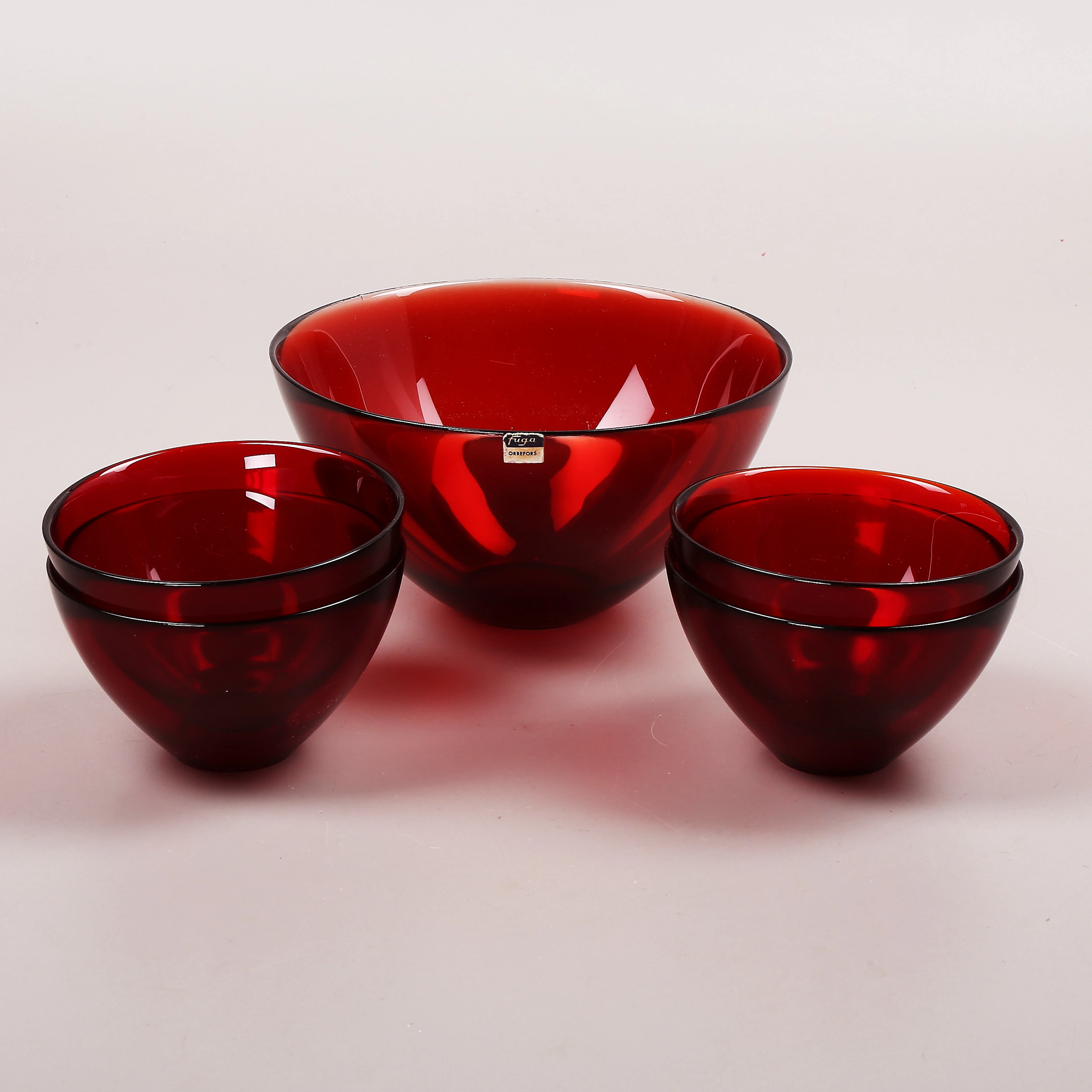 SVEN PALMQVIST. Skålar, 5 st, "Fuga", glas, Orrefors, 1950/60-tal.