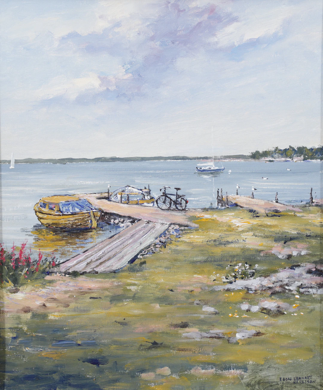 EGON LENNART KARLSSON. "En sommardag på Hasslö". Olja på pannå, signerad.