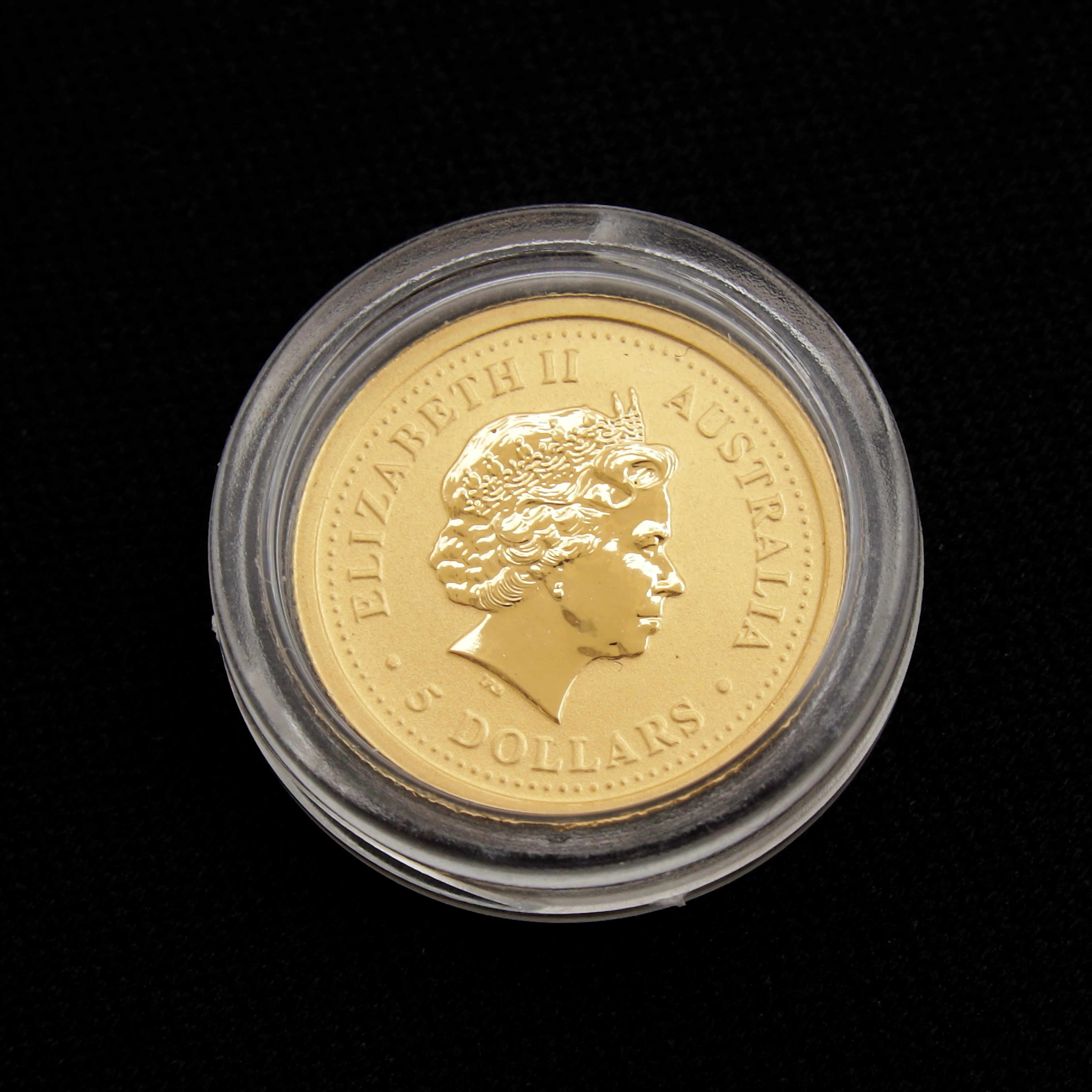 MYNT, finguld, 5 dollar, Australien år 2000, Drakens år, vikt mynt 1,55 gram.