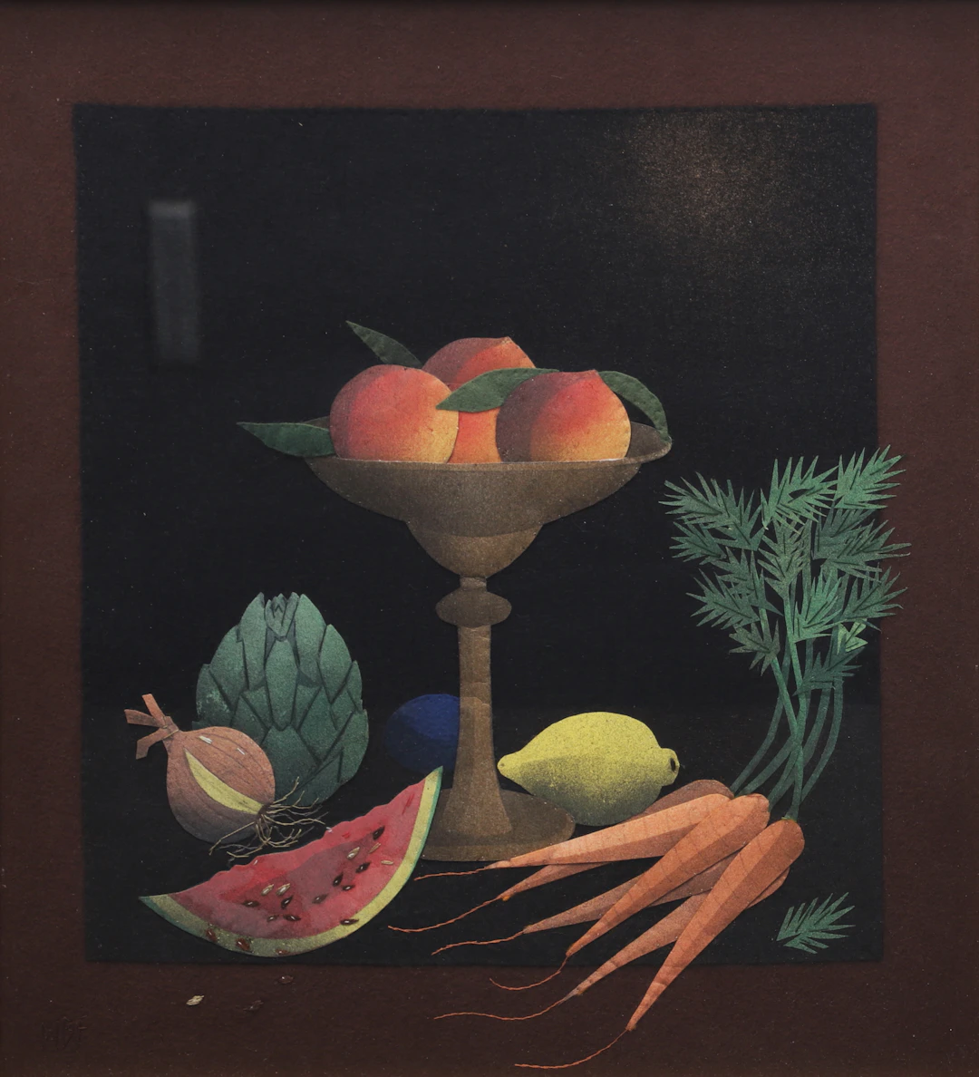 WIBEKE BECK-FRIIS. Stilleben med frukt och grönsaker. tygapplikation