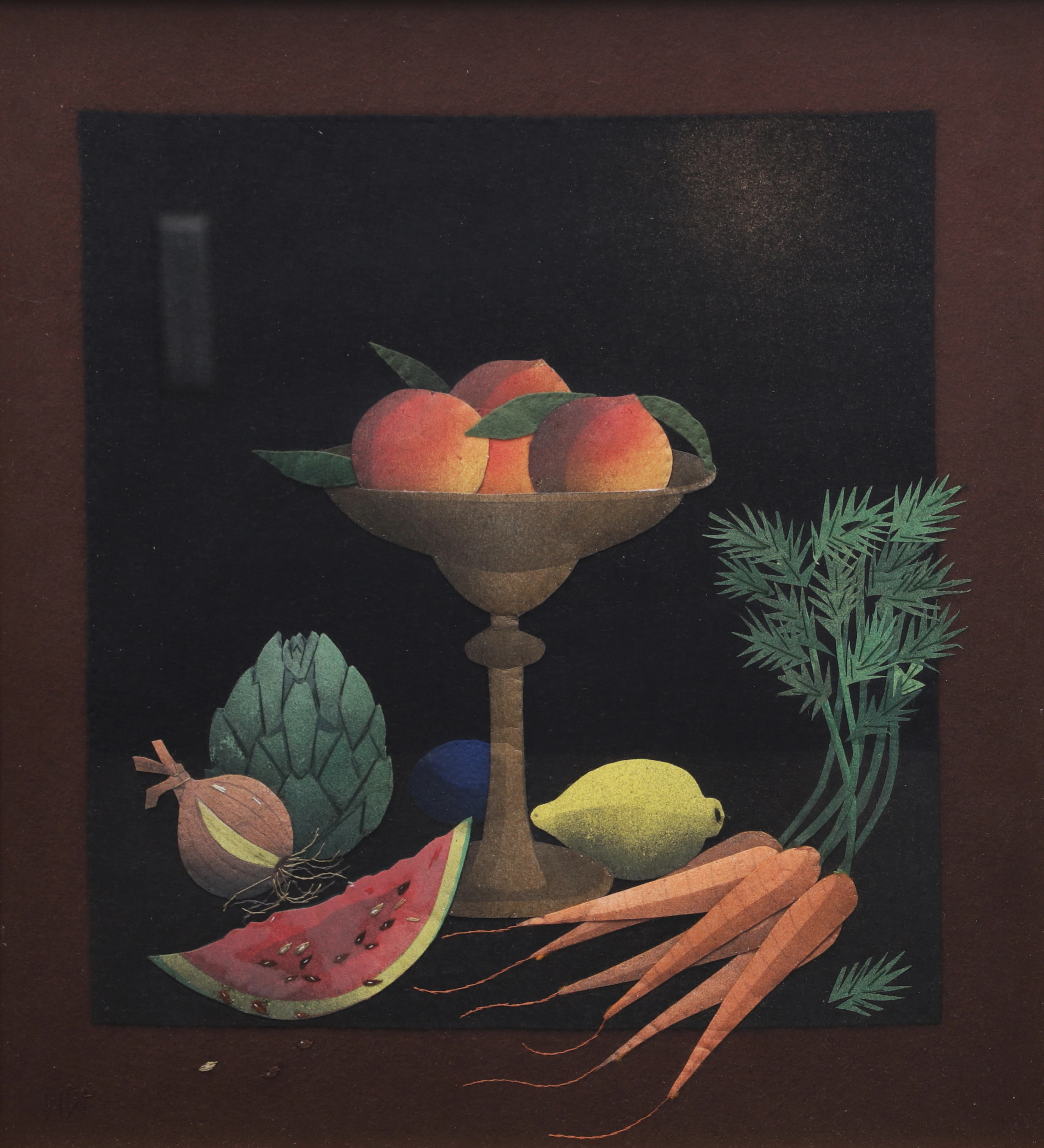 WIBEKE BECK-FRIIS. Stilleben med frukt och grönsaker. tygapplikation