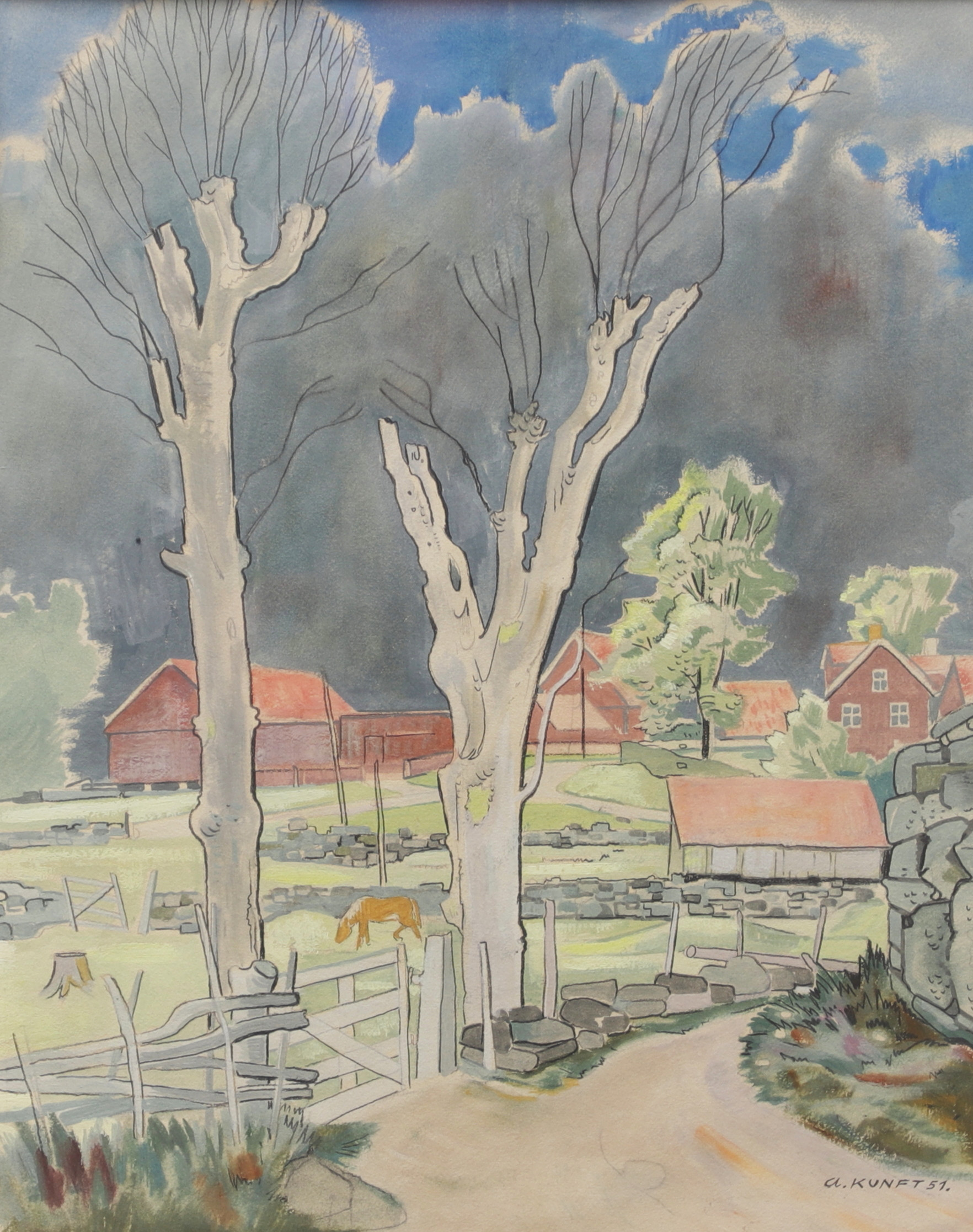 ALFRED KUNFT (1892-1961). Bondgård, blandteknik, signerad och daterad -51.