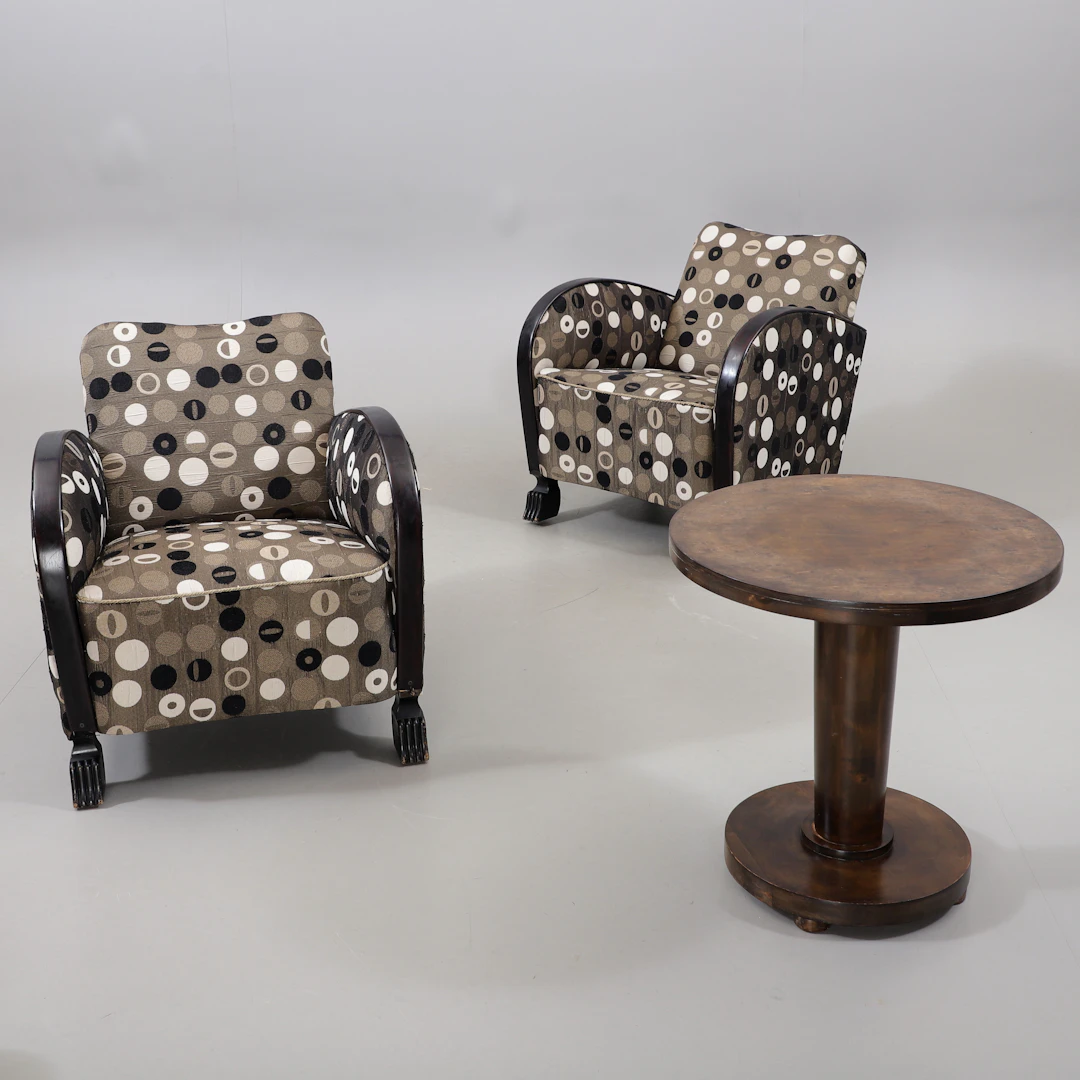 FÅTÖLJER, ett par samt PELARBORD, björk, art deco, 1930-tal.