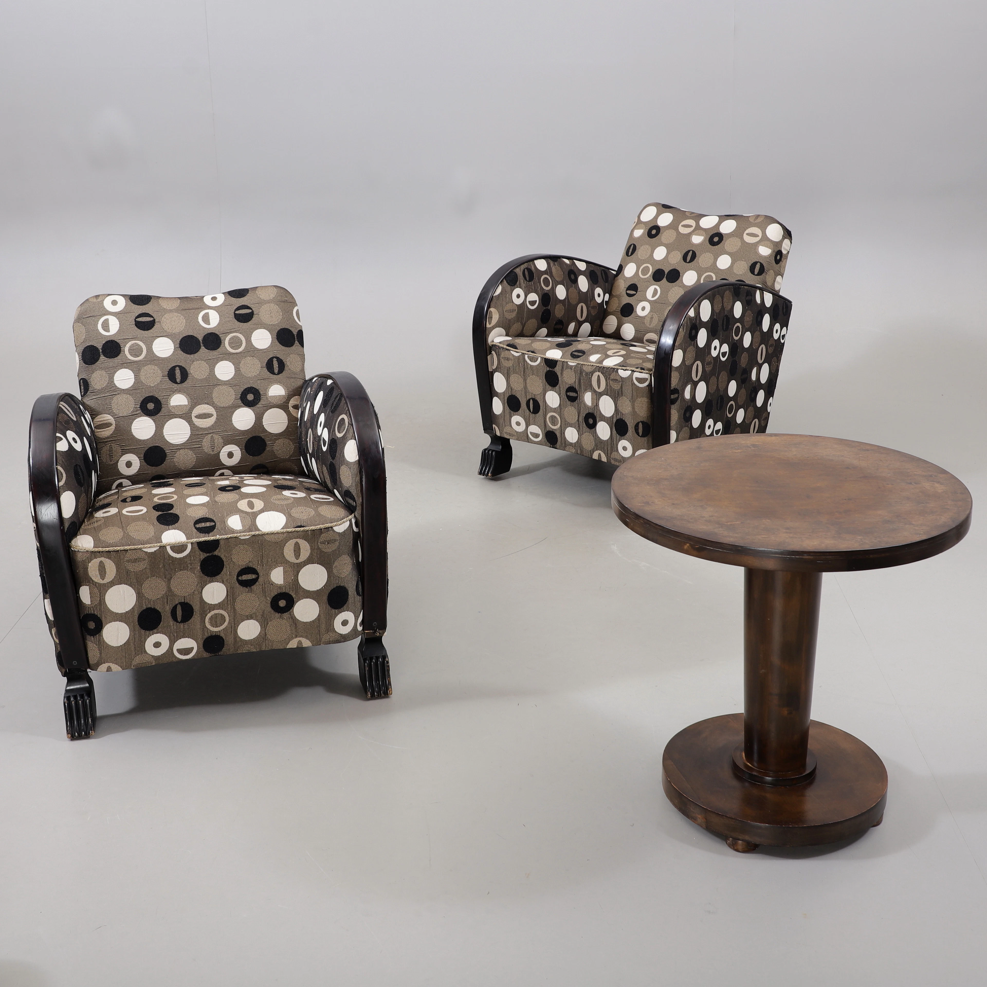 FÅTÖLJER, ett par samt PELARBORD, björk, art deco, 1930-tal.