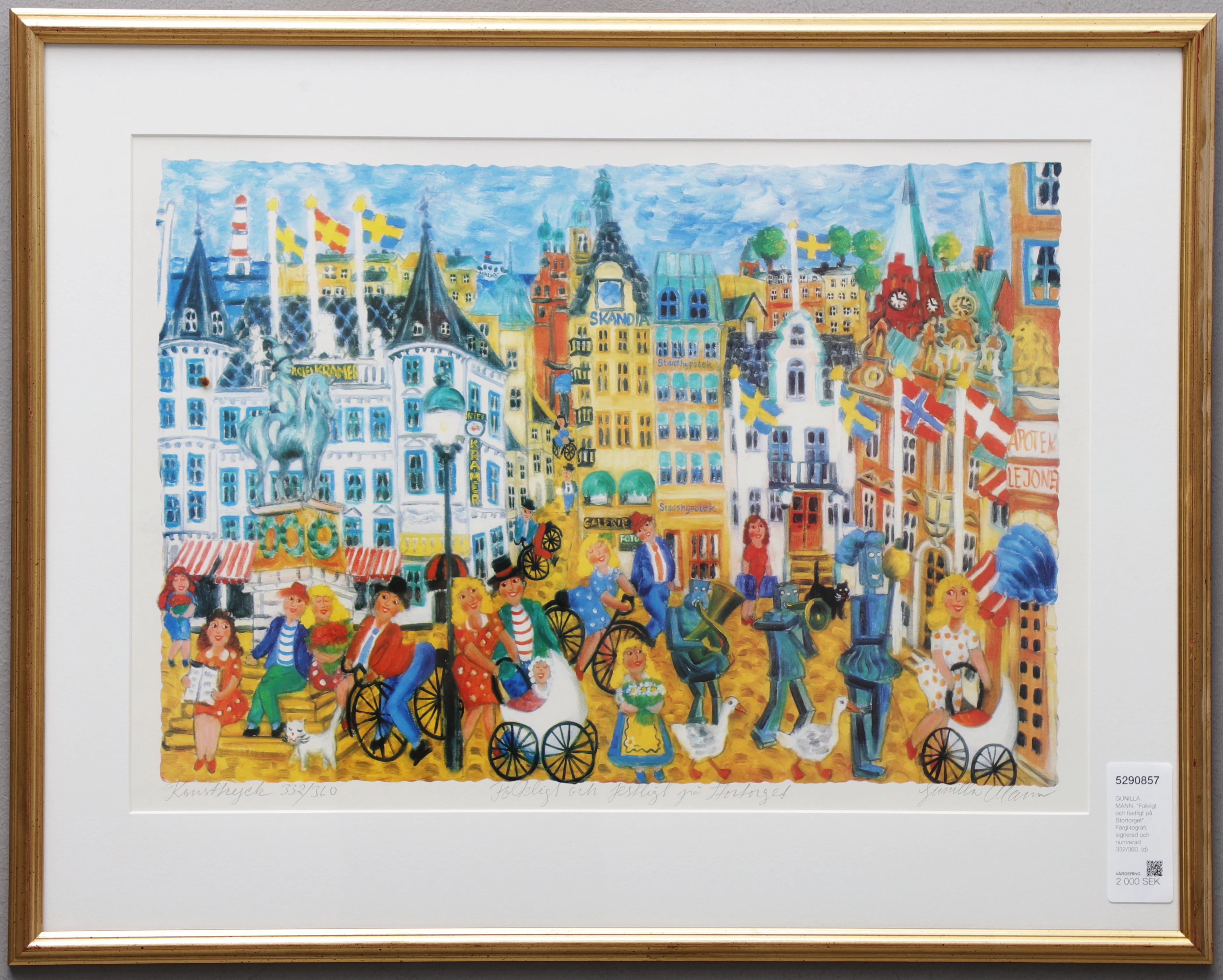 GUNILLA MANN. "Folkligt och festligt på Stortorget". Färglitografi