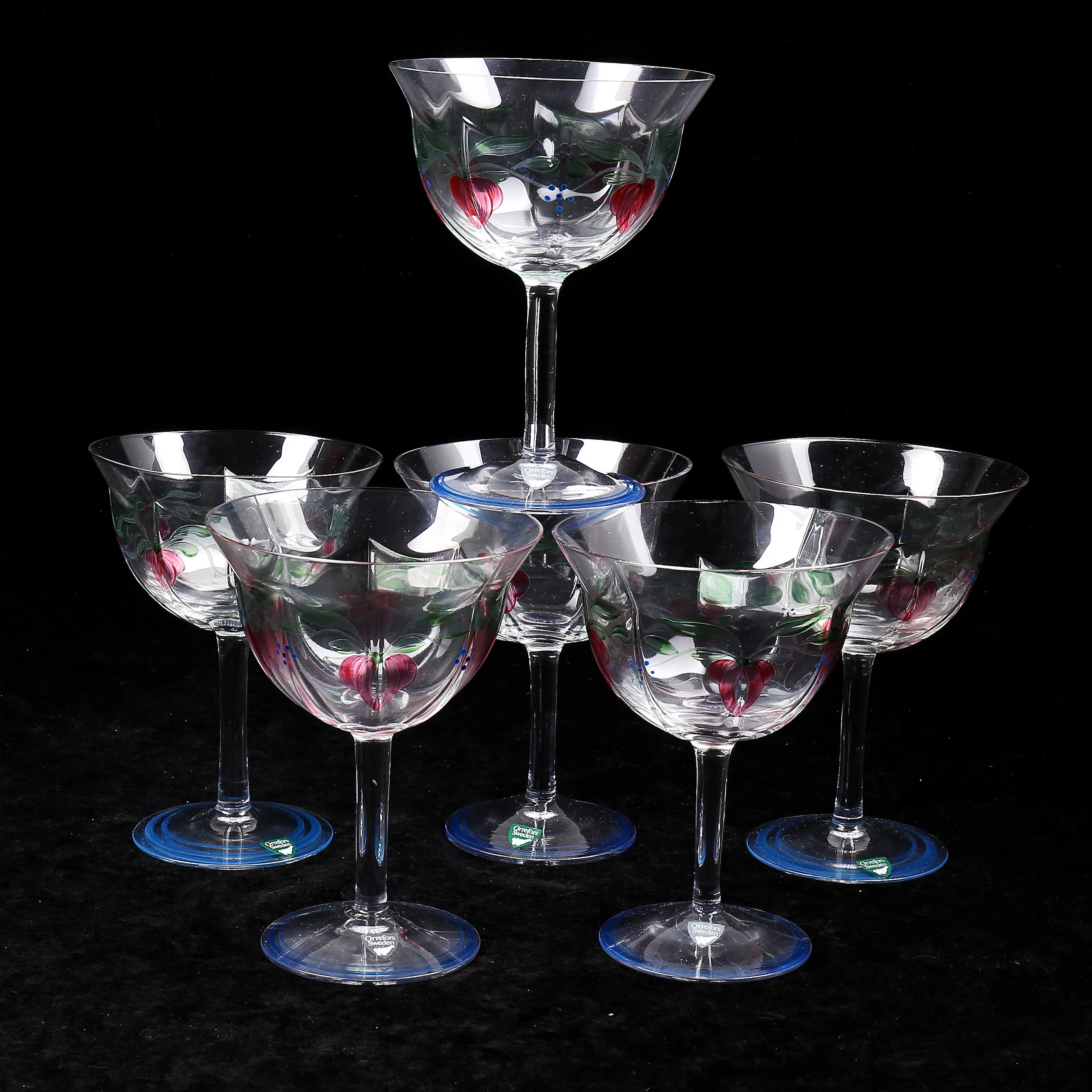EVA ENGLUND. Champagneglas, 6 st, "Maja", Orrefors, signerade.