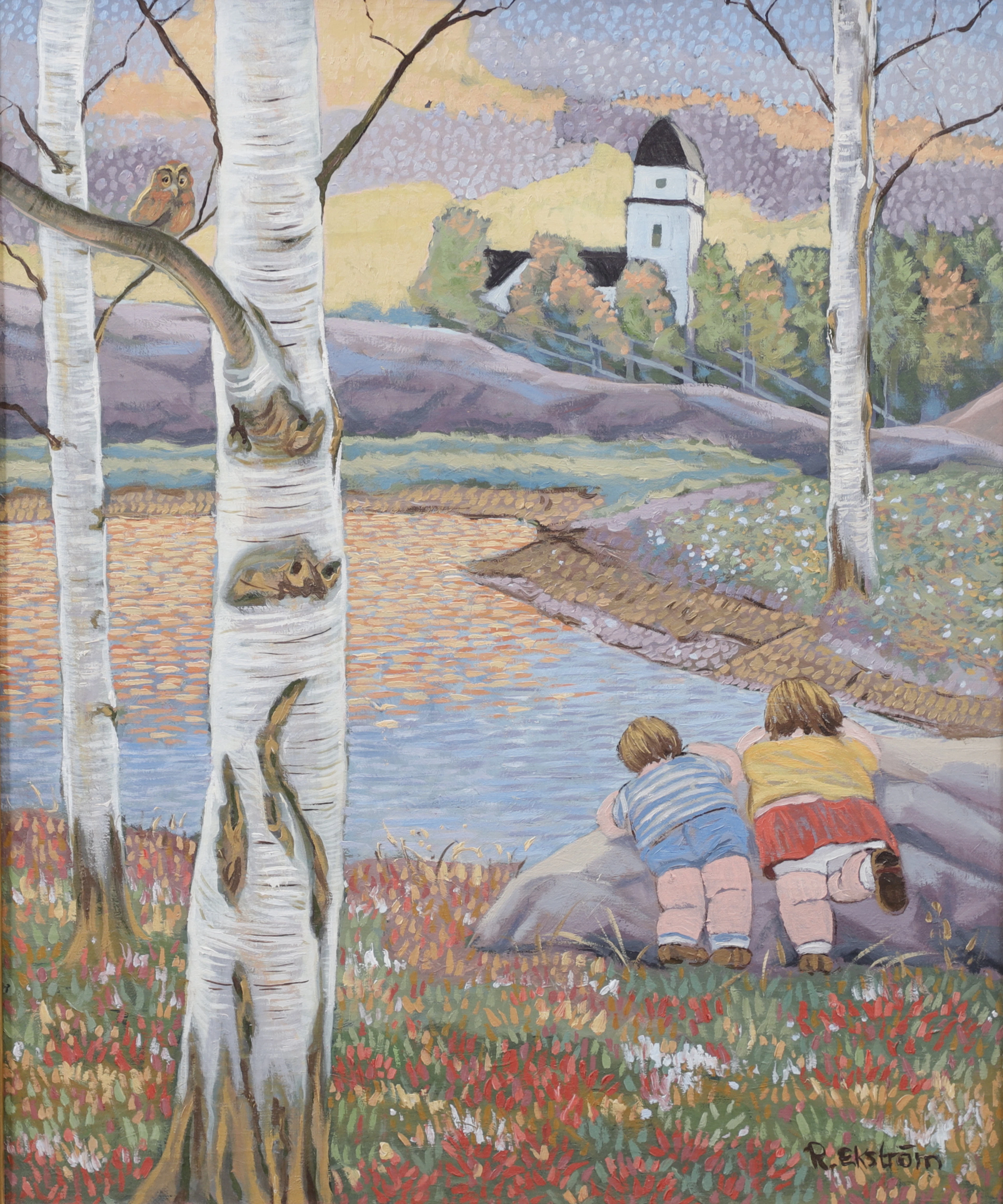 ROLAND EKSTRÖM. Barn vid sjö. Olja på duk, signerad.