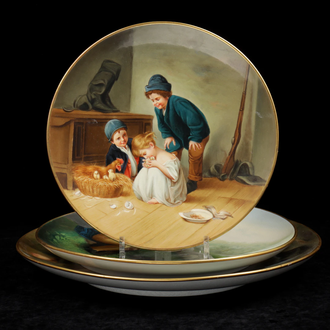 TALLRIKAR, 3 st, målade motiv, Gustafsberg, 1886.