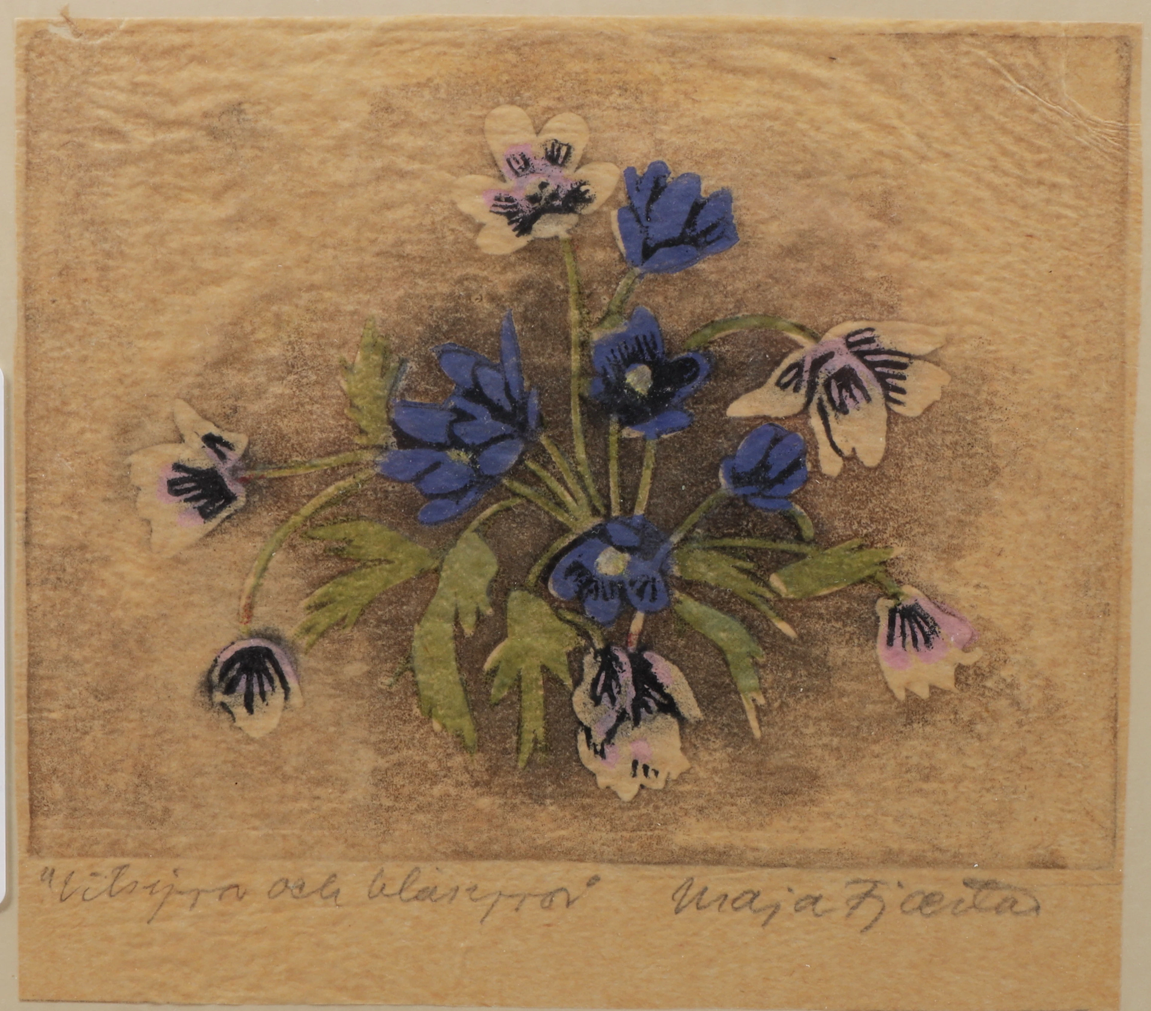 MAJA FJAESTAD. "Vitsippor och blåsippor", träsnitt, signerad.