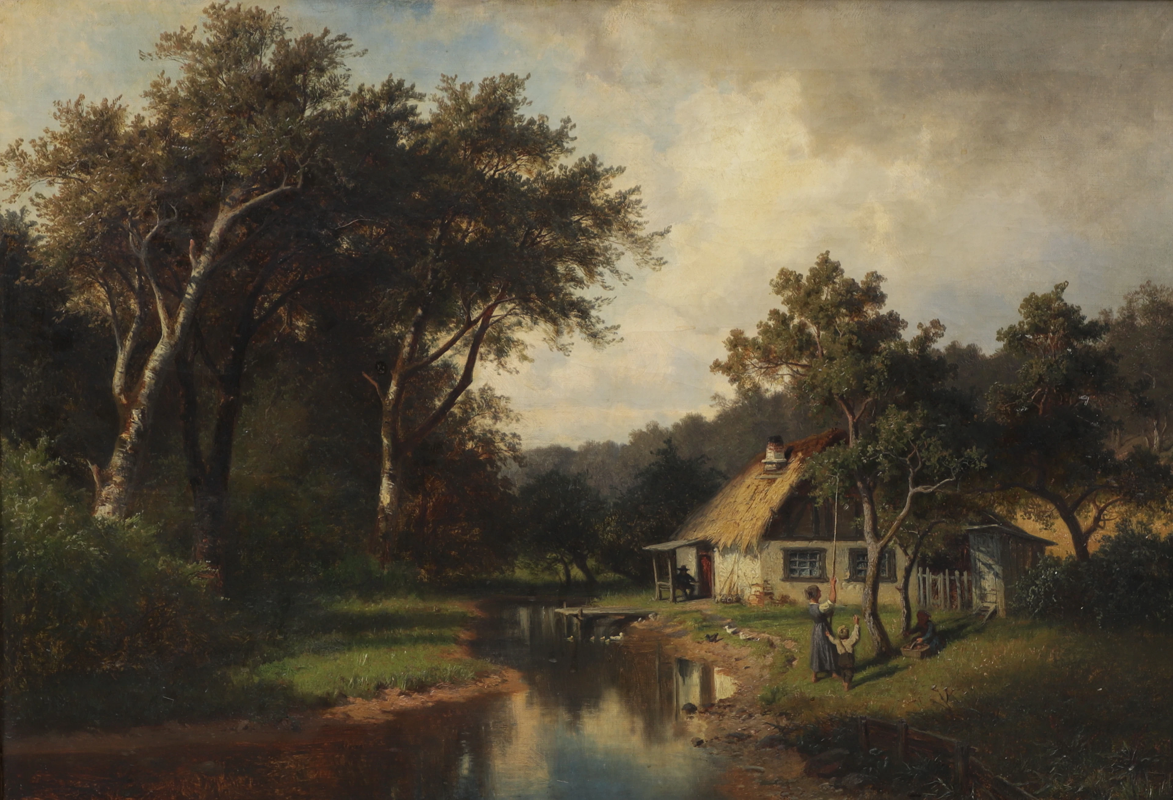 EDVARD BERGH. Stuga i landskap med figurer. Olja på duk, signerad