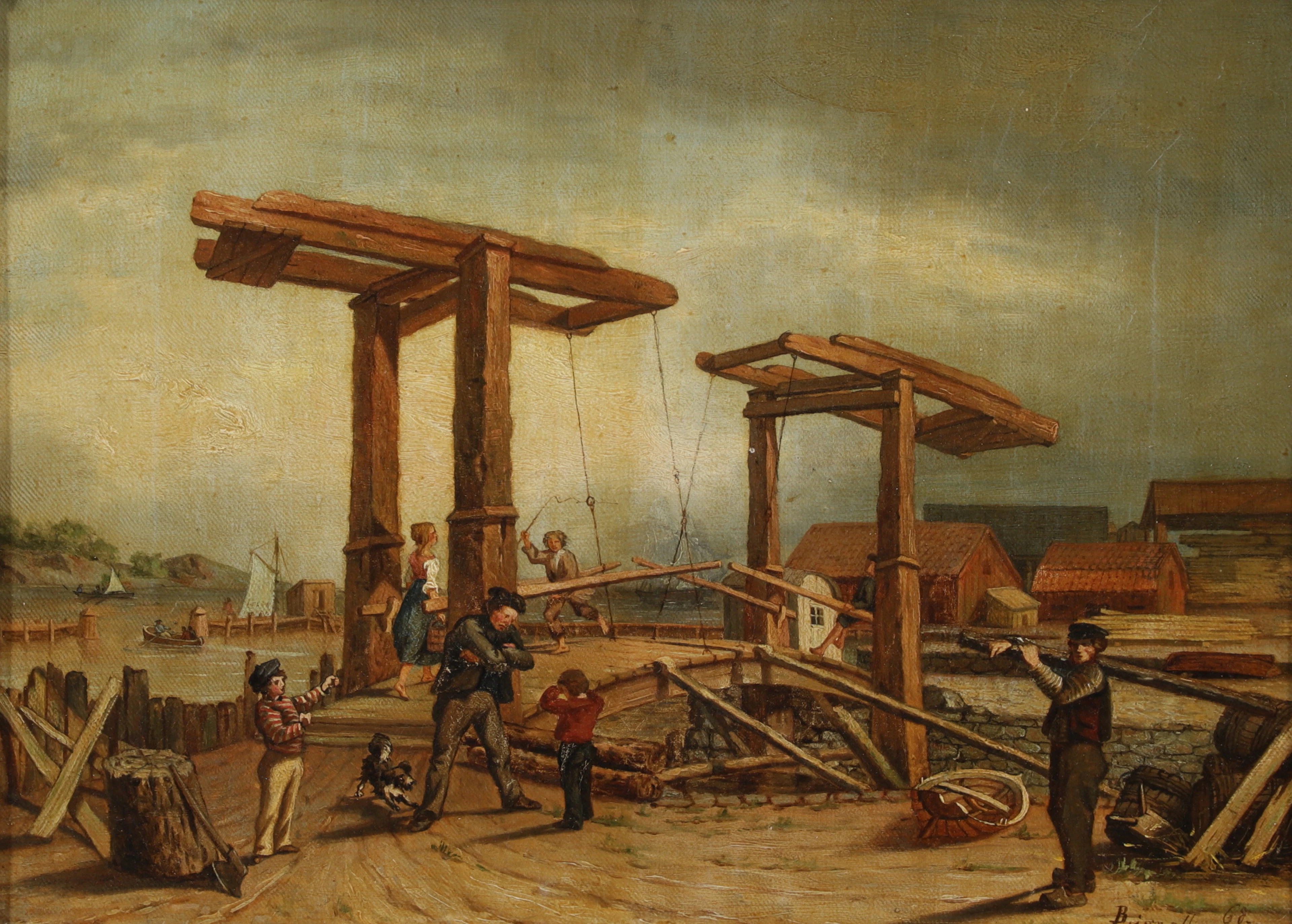 BIRGER LIGNELL. Grupp vid bro. Olja på duk, signerad och daterad 68.