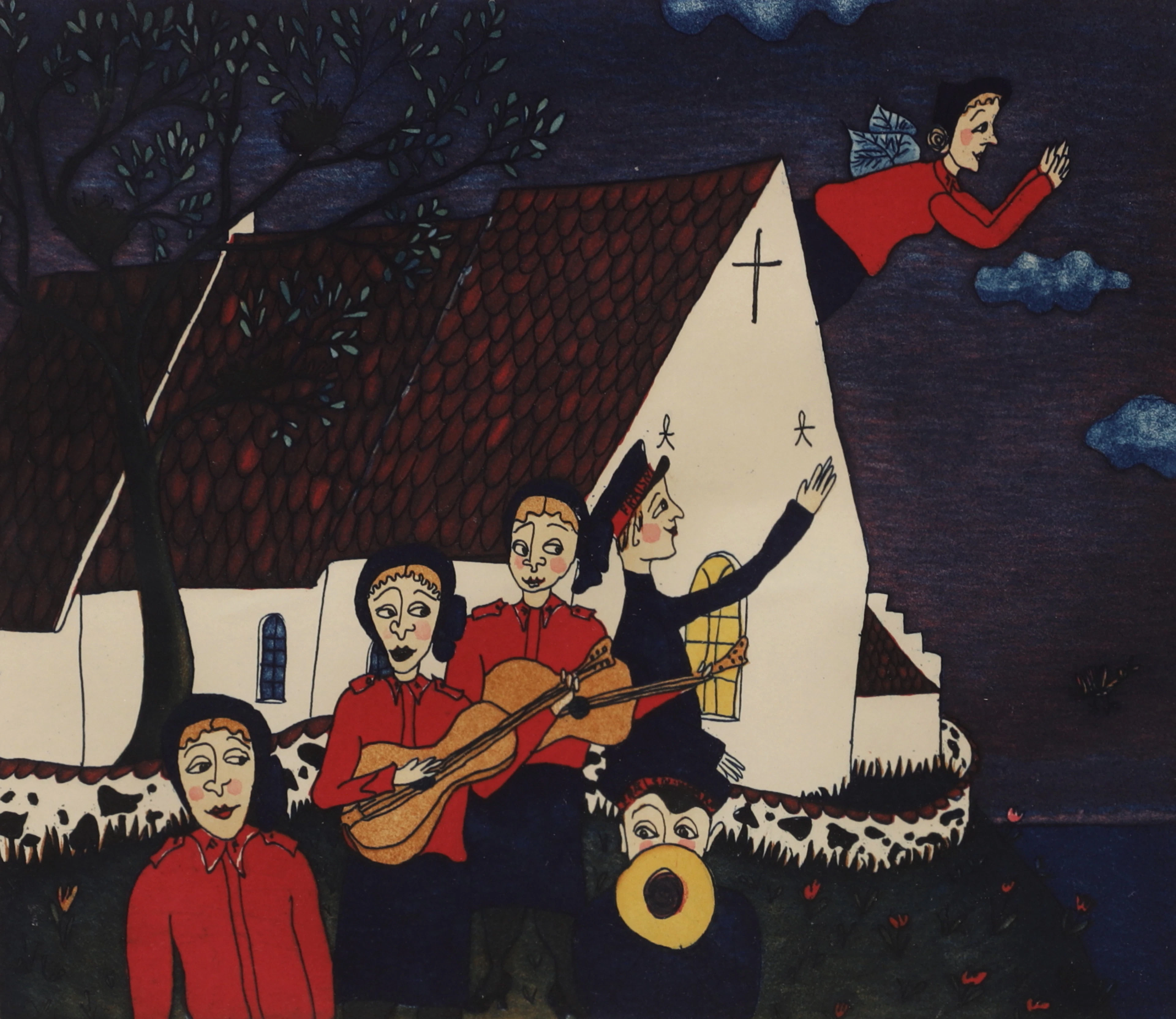 CÈLESTE FAHLSTRÖM. Musikanter framför kyrkan, litografi, signerad