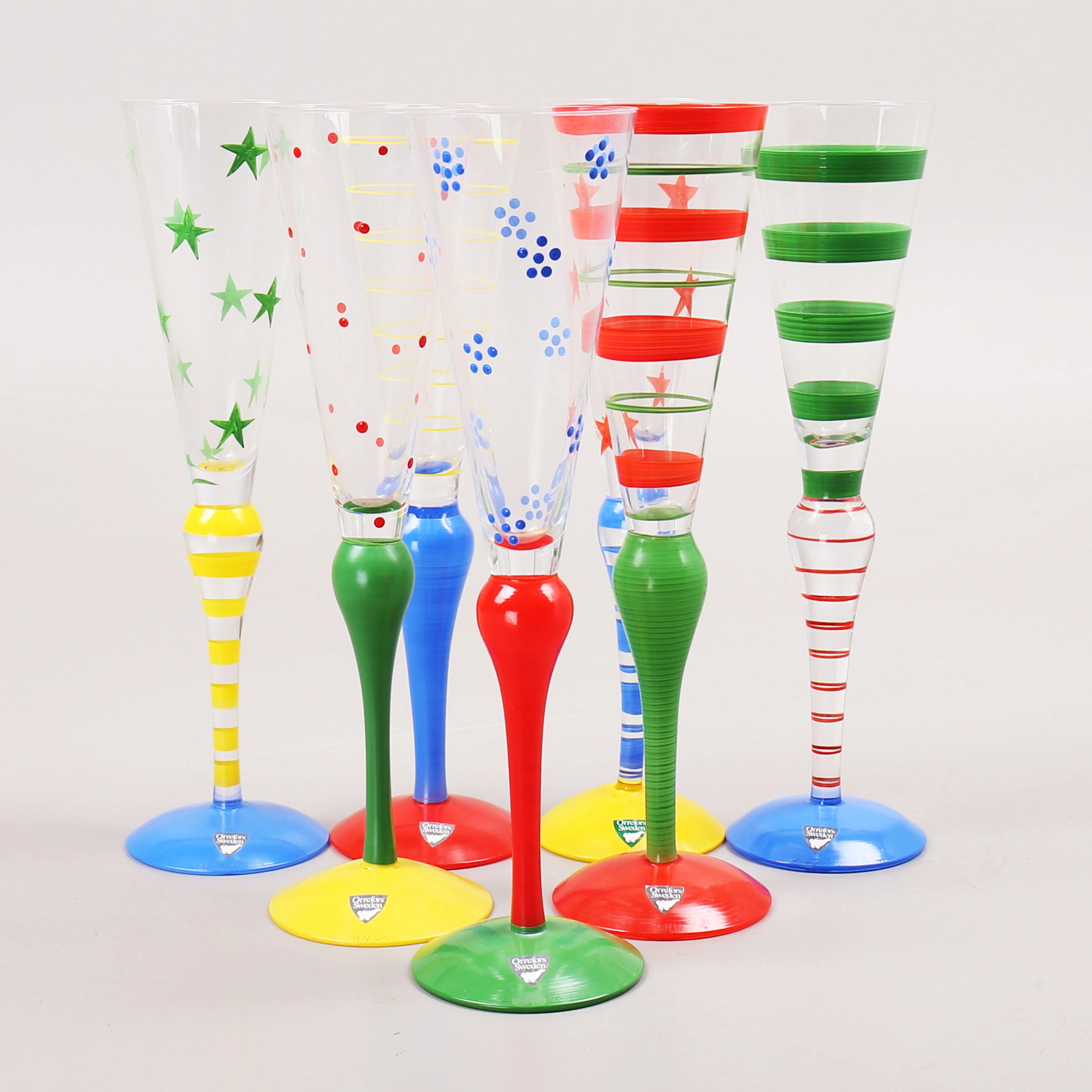 ANNE NILSSON. Champagneglas, 7 st, "Clown", Orrefors.