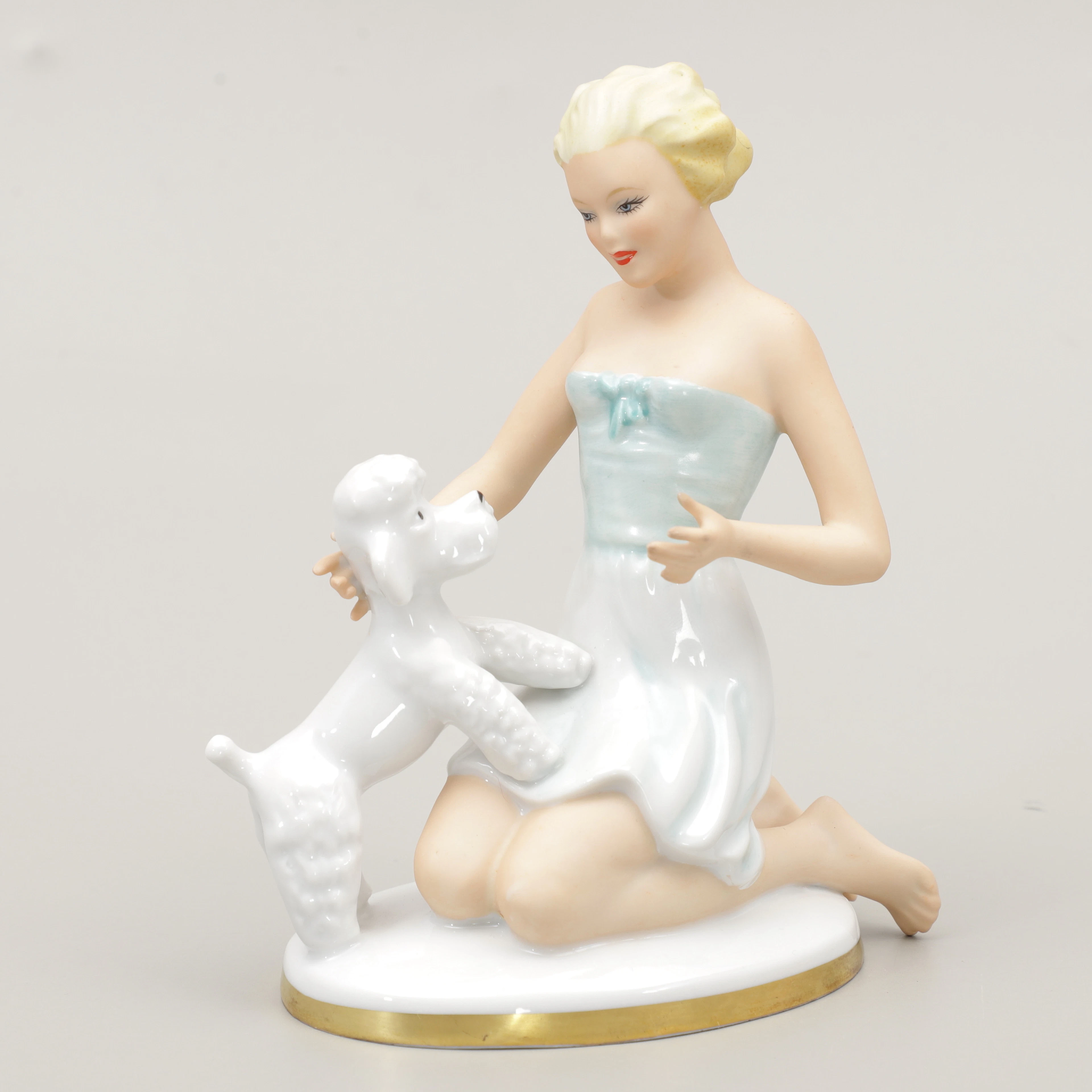 FIGURIN, kvinna med hund porslin, Gerold Porzellan, Bavaria, Tyskland.