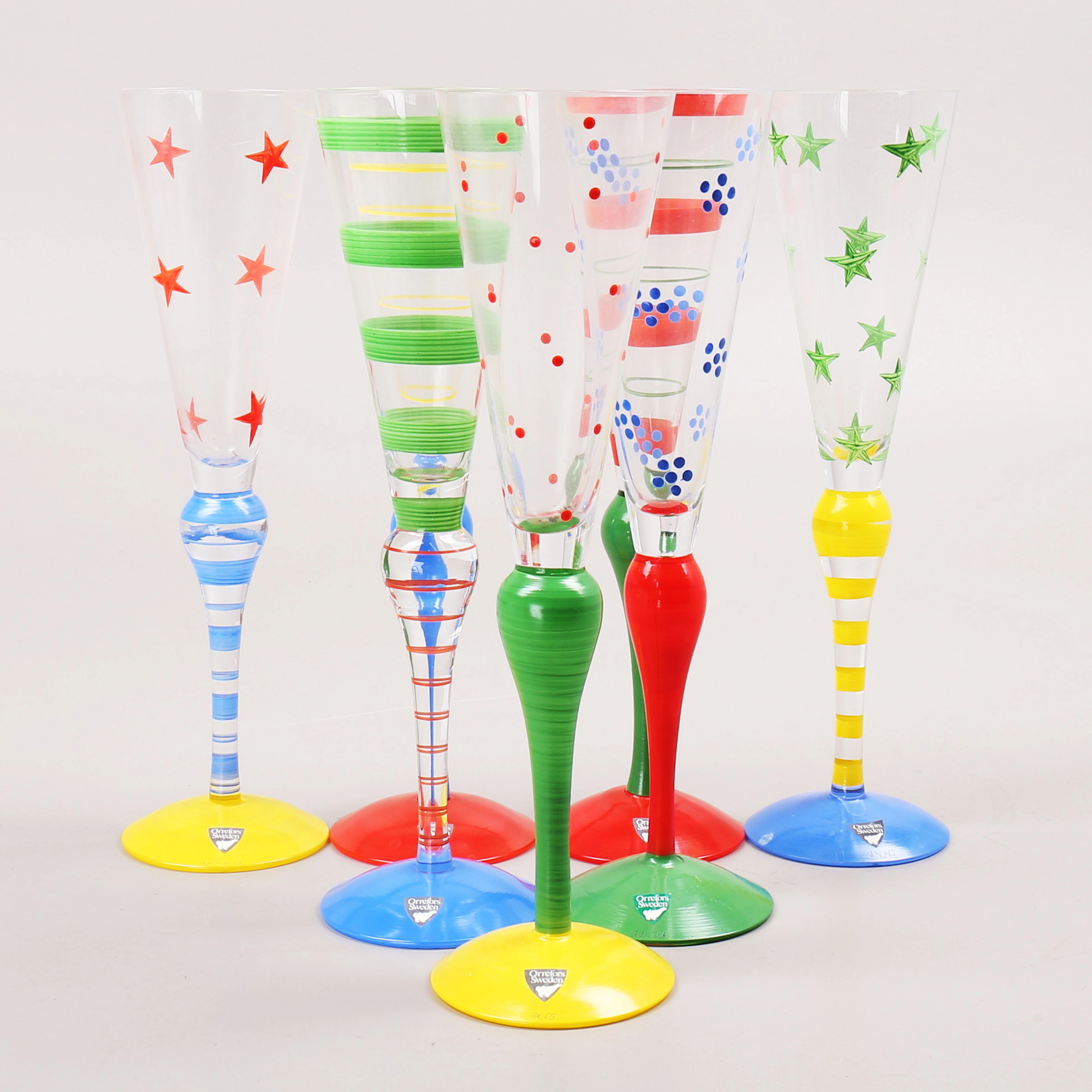 ANNE NILSSON. Champagneglas, 7 st, "Clown", Orrefors.