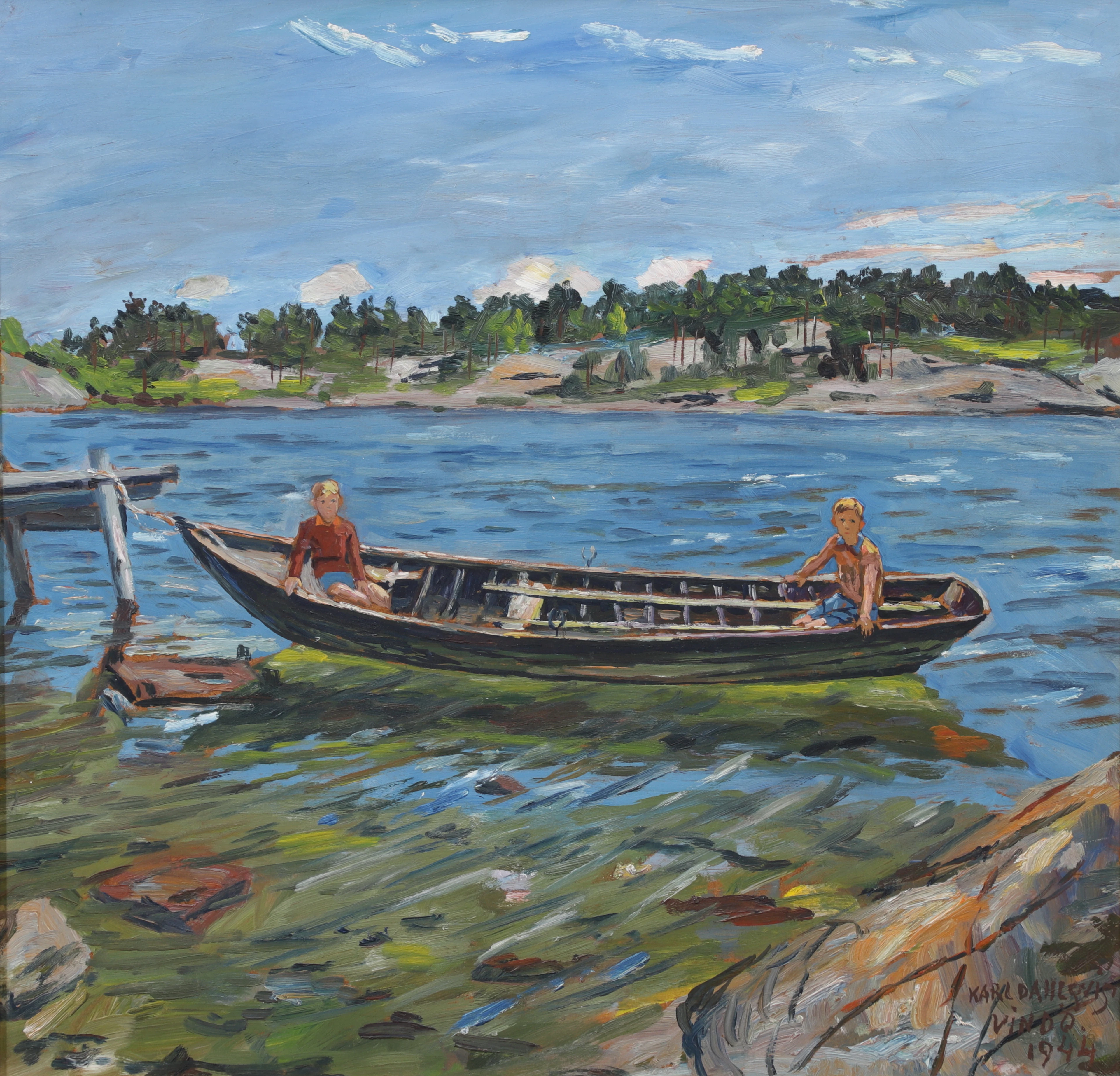 KARL DAHLQVIST. "Pojkar i roddbåt", olja på pannå, signerad och daterad 1944.