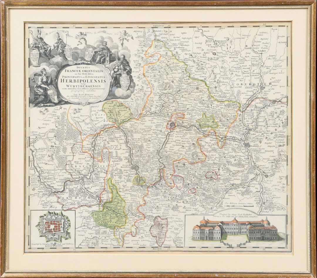 JOHANN BAPTIST HOMANN. Karta över Furstbiskopsdömet Würzburg, kolorerat