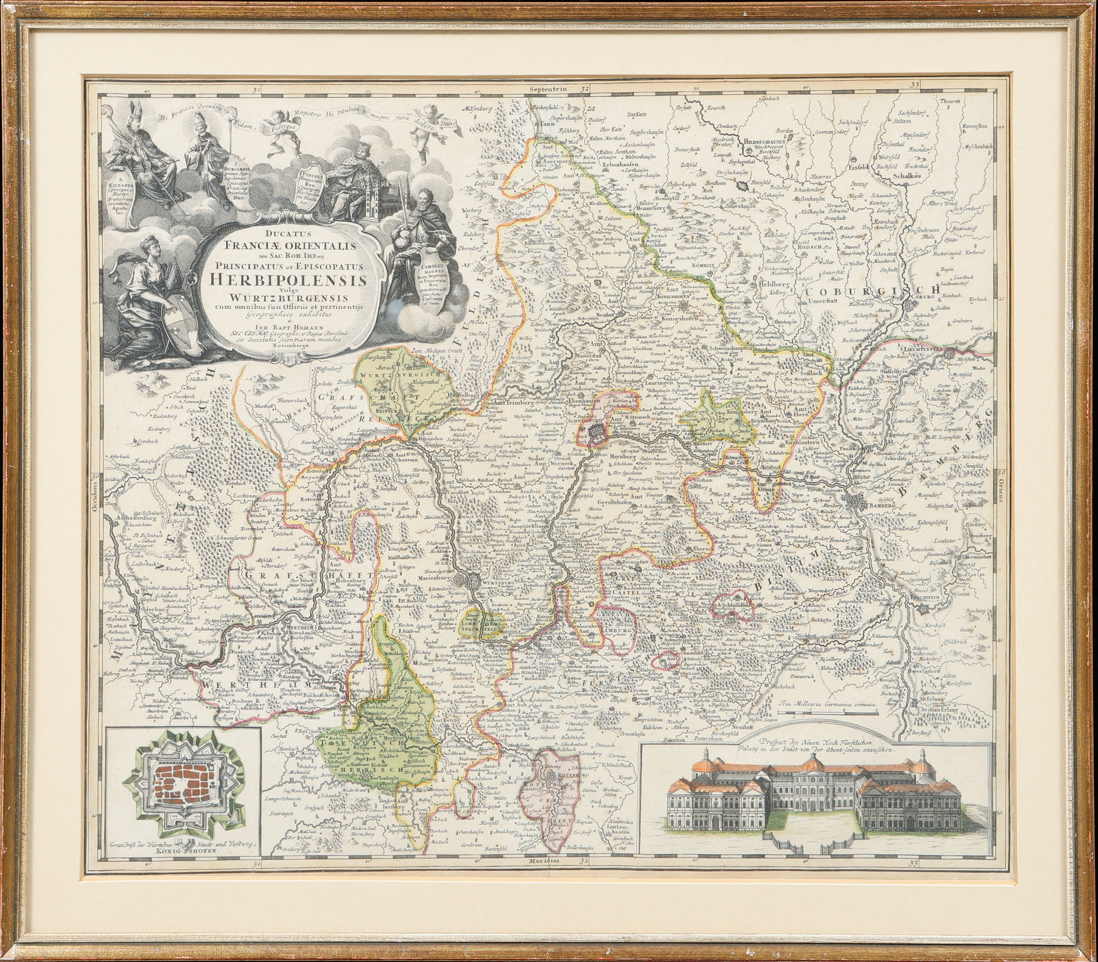 JOHANN BAPTIST HOMANN. Karta över Furstbiskopsdömet Würzburg, kolorerat