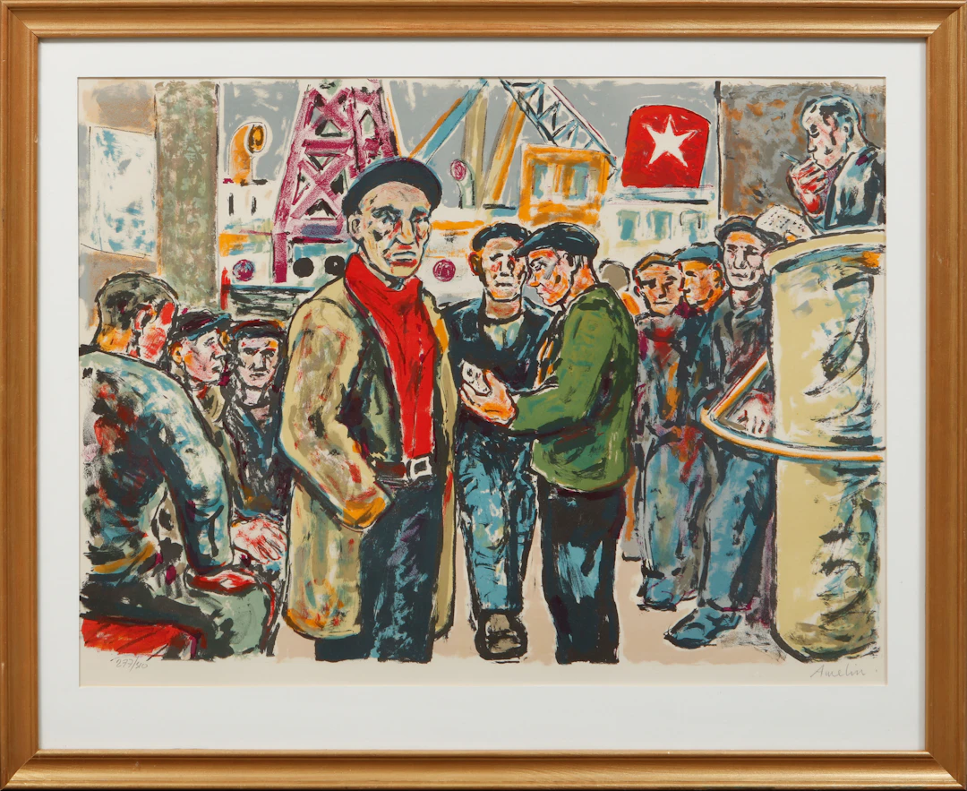 ALBIN AMELIN. "Upprop i hamnen", färglitografi, signerad och numrerad 277/310.