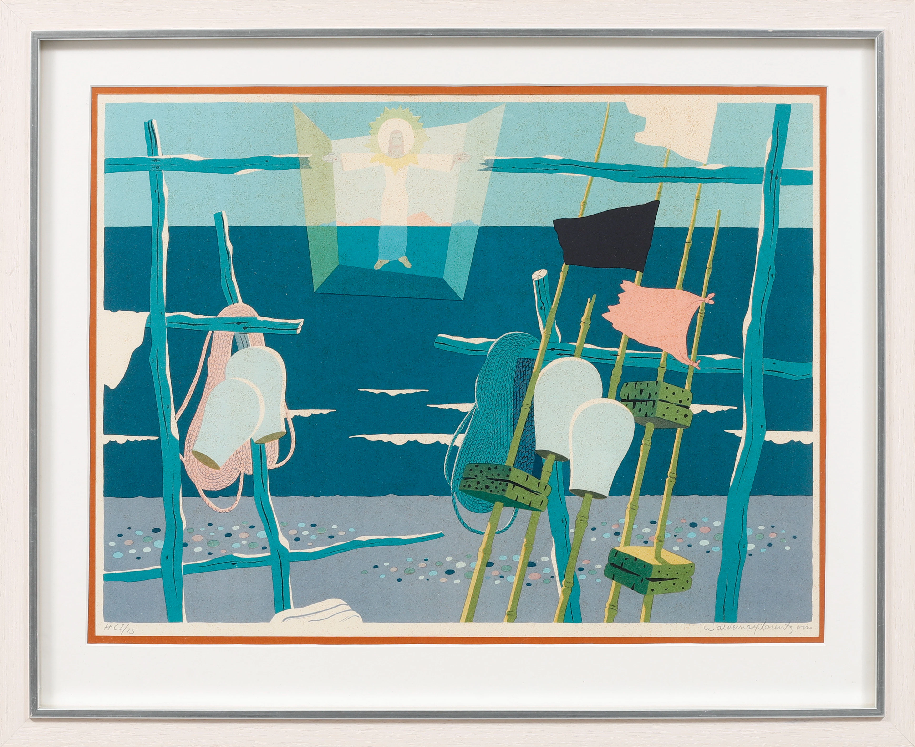 WALDEMAR LORENTZON. Surrealistisk bild, färglitografi, signerad och