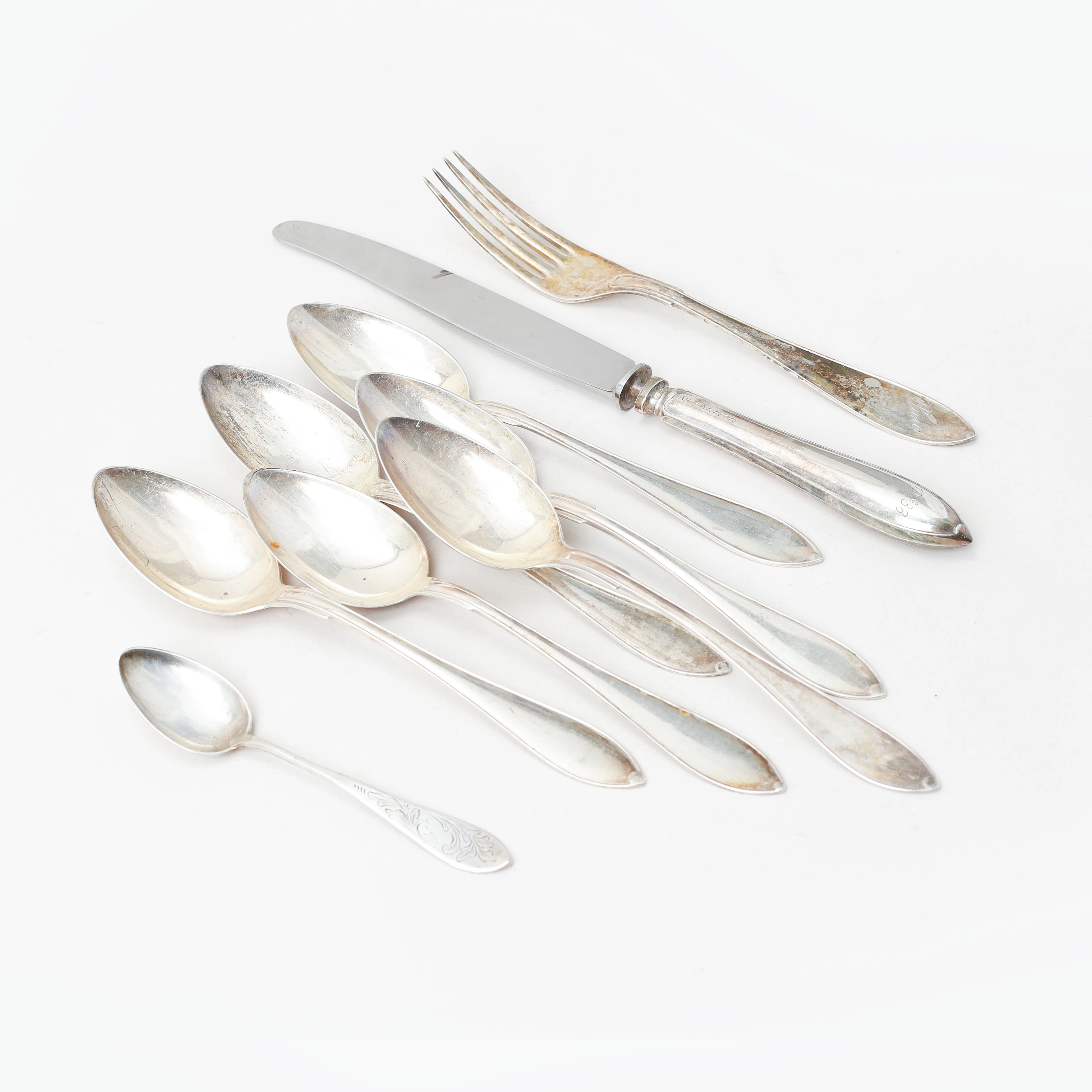 BESTICK, 9 st, silver, huvudsakligen "Svensk Spets".