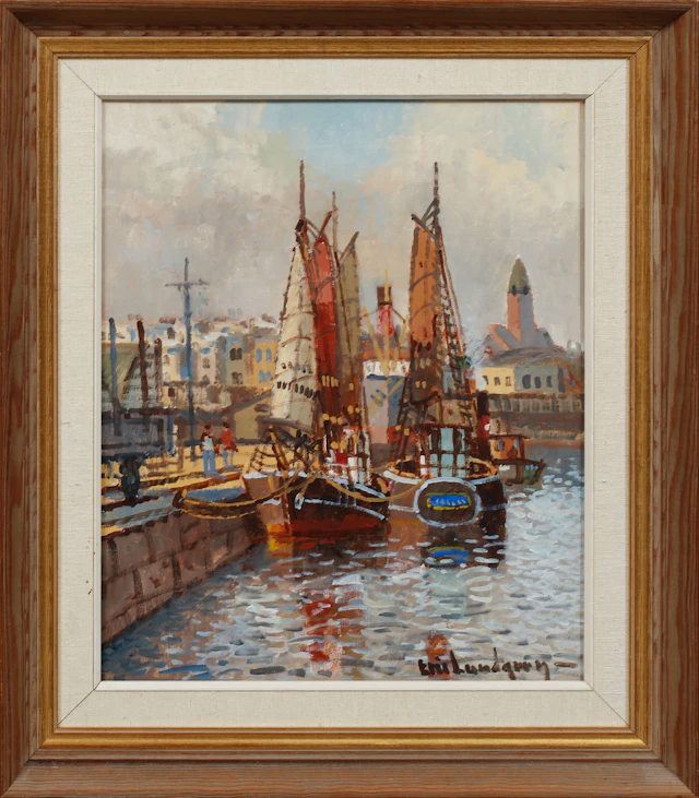 ERIC LUNDGREN. Göteborgs hamn, olja på duk, signerad.