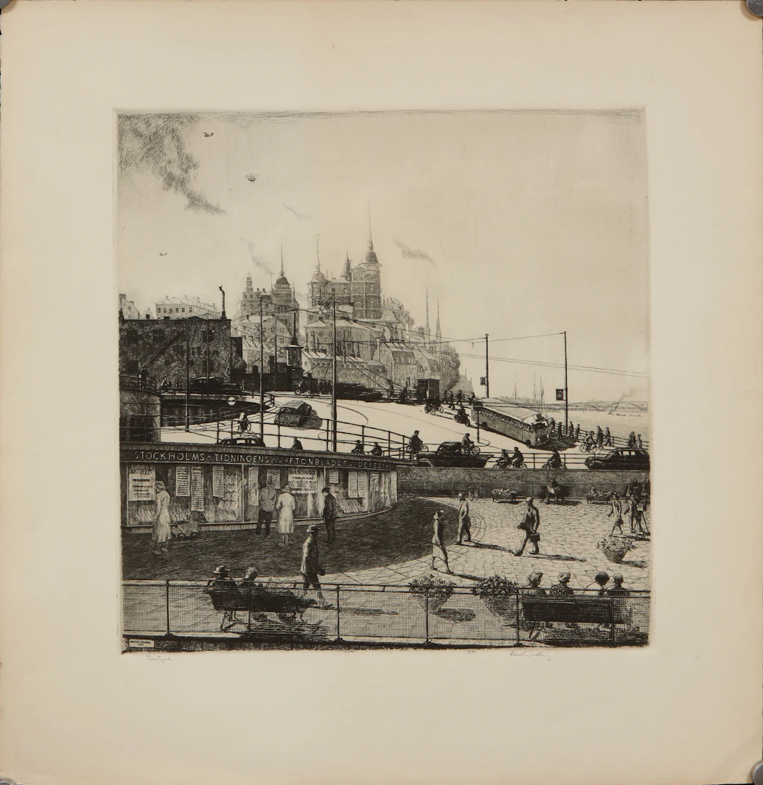 HARALD SALLBERG. "Slussen" etsning, signerad, provtryck.