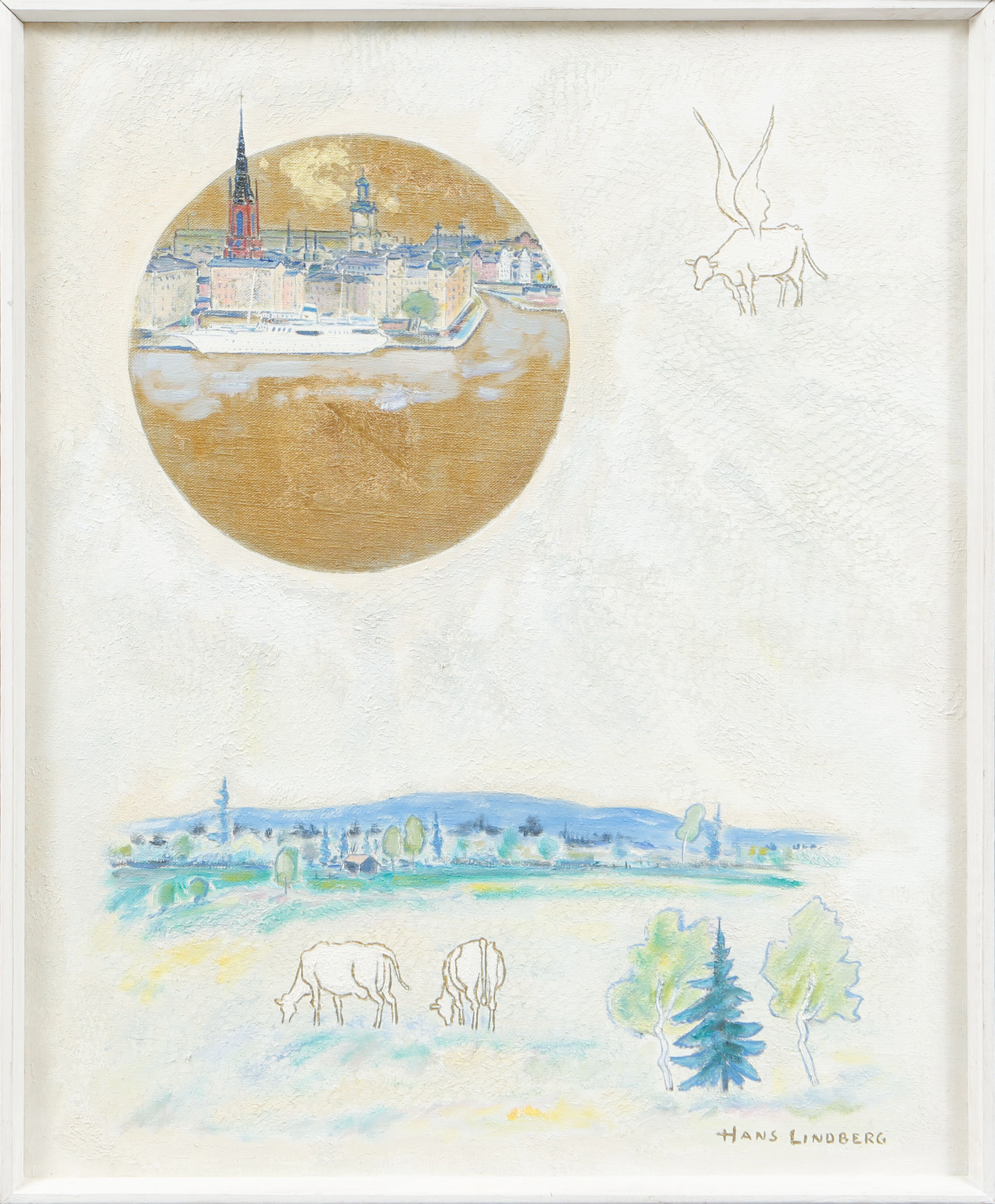 HANS LINDBERG. "Stadens och landets drömmar", olja på duk, signerad.