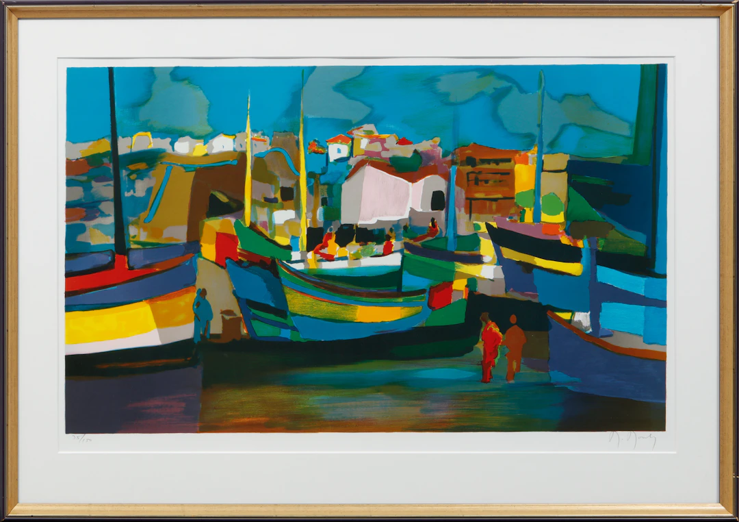 MARCEL MOULY. Hamnbild, färglitografi, signerad och numrerad 35/150.
