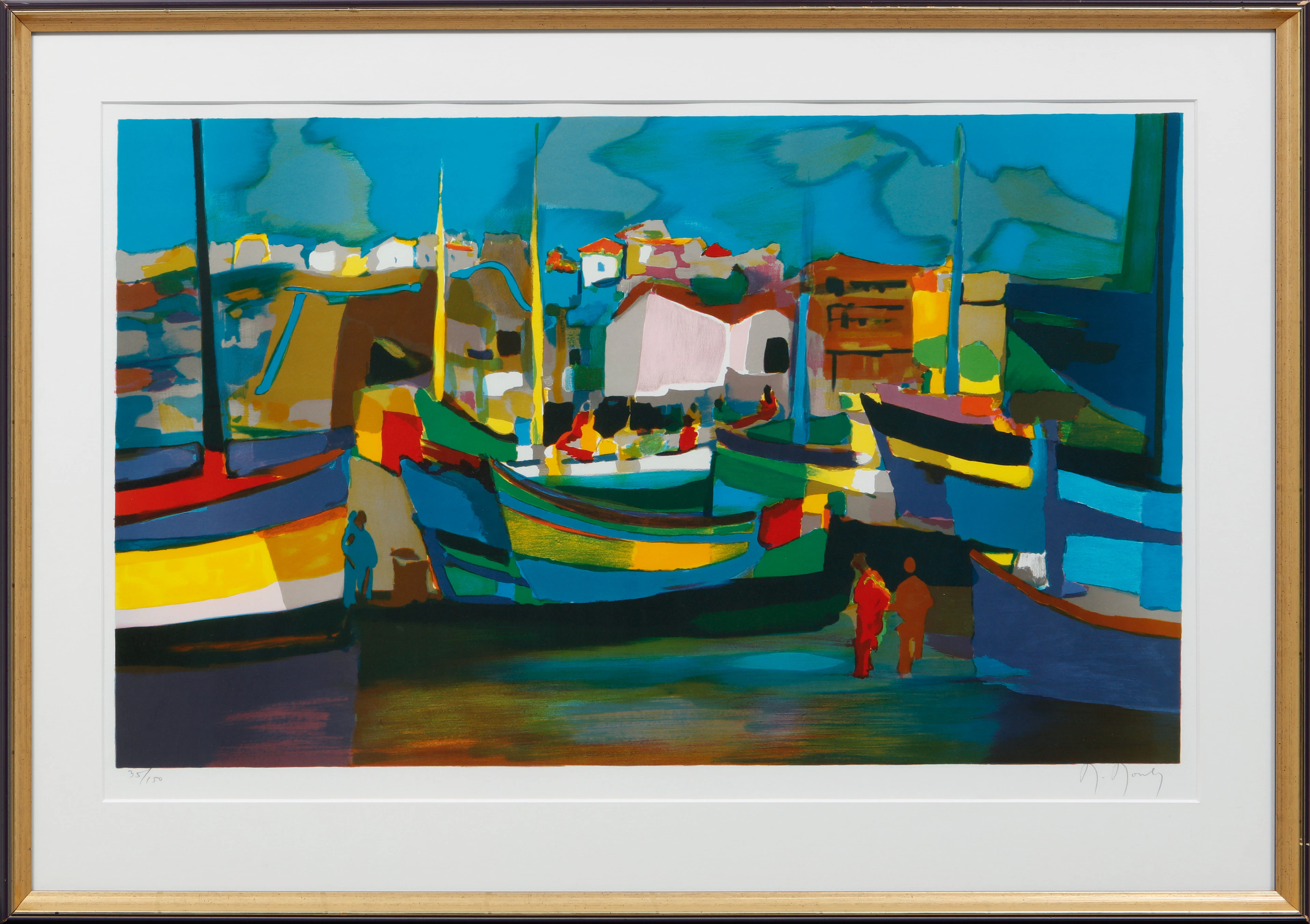 MARCEL MOULY. Hamnbild, färglitografi, signerad och numrerad 35/150.