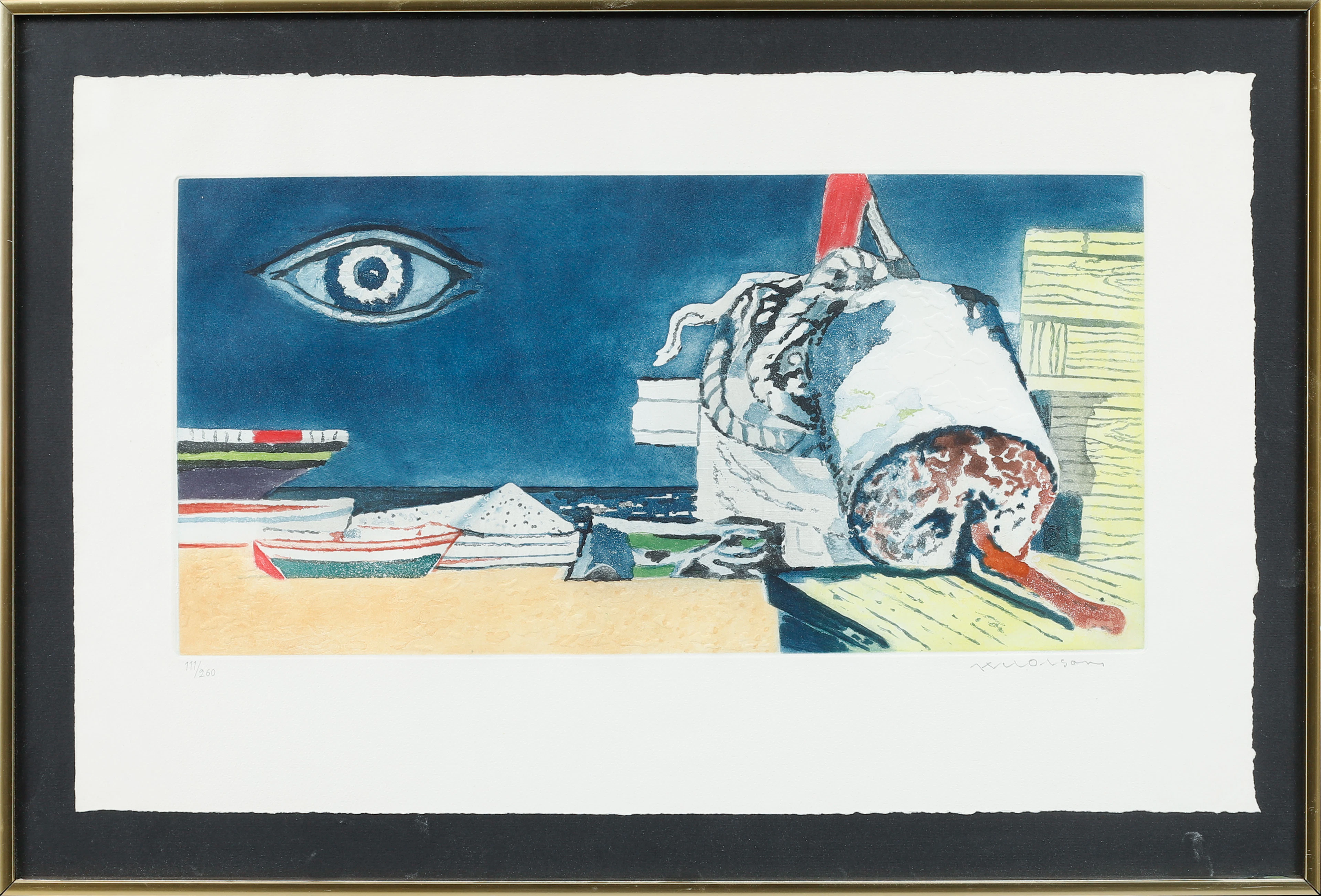 AXEL OLSON. Surrealistiska motiv, 2 stycken, carborundumetsning, signerade