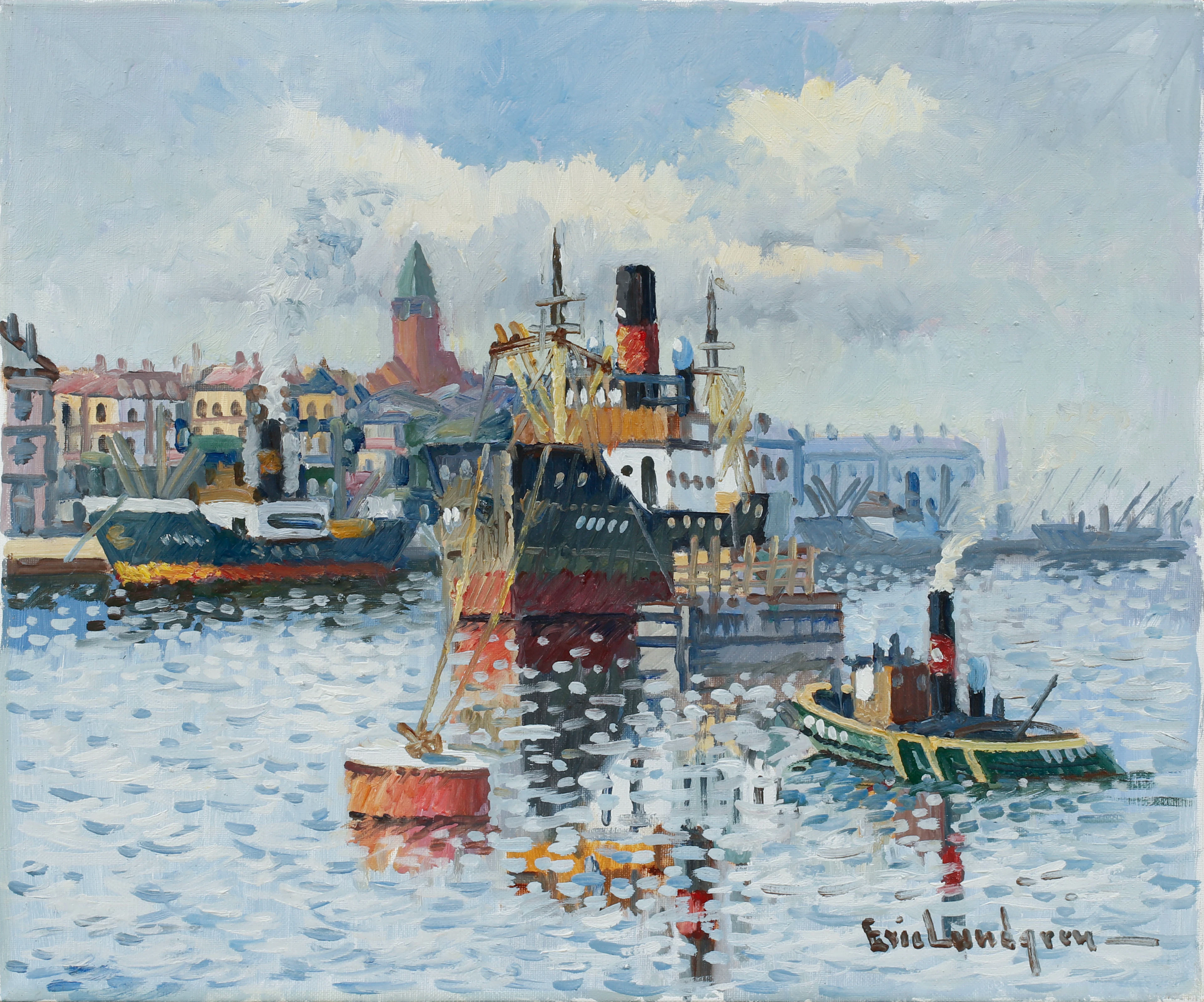 ERIC LUNDGREN. Göteborgs hamn, olja på duk, signerad.