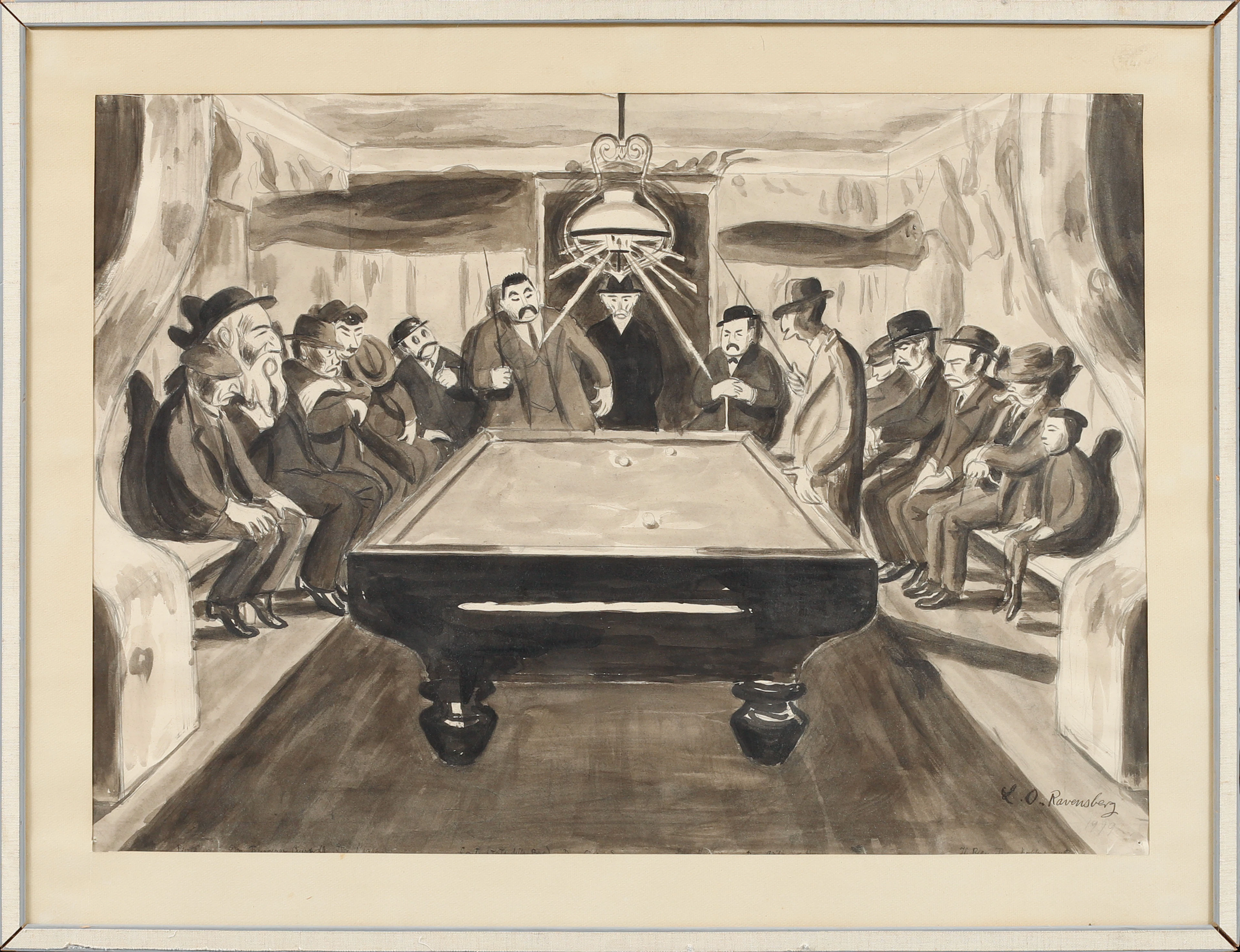 LUDVIG ORNING RAVENSBERG. Figurer vid biljardbord, tusch, signerad