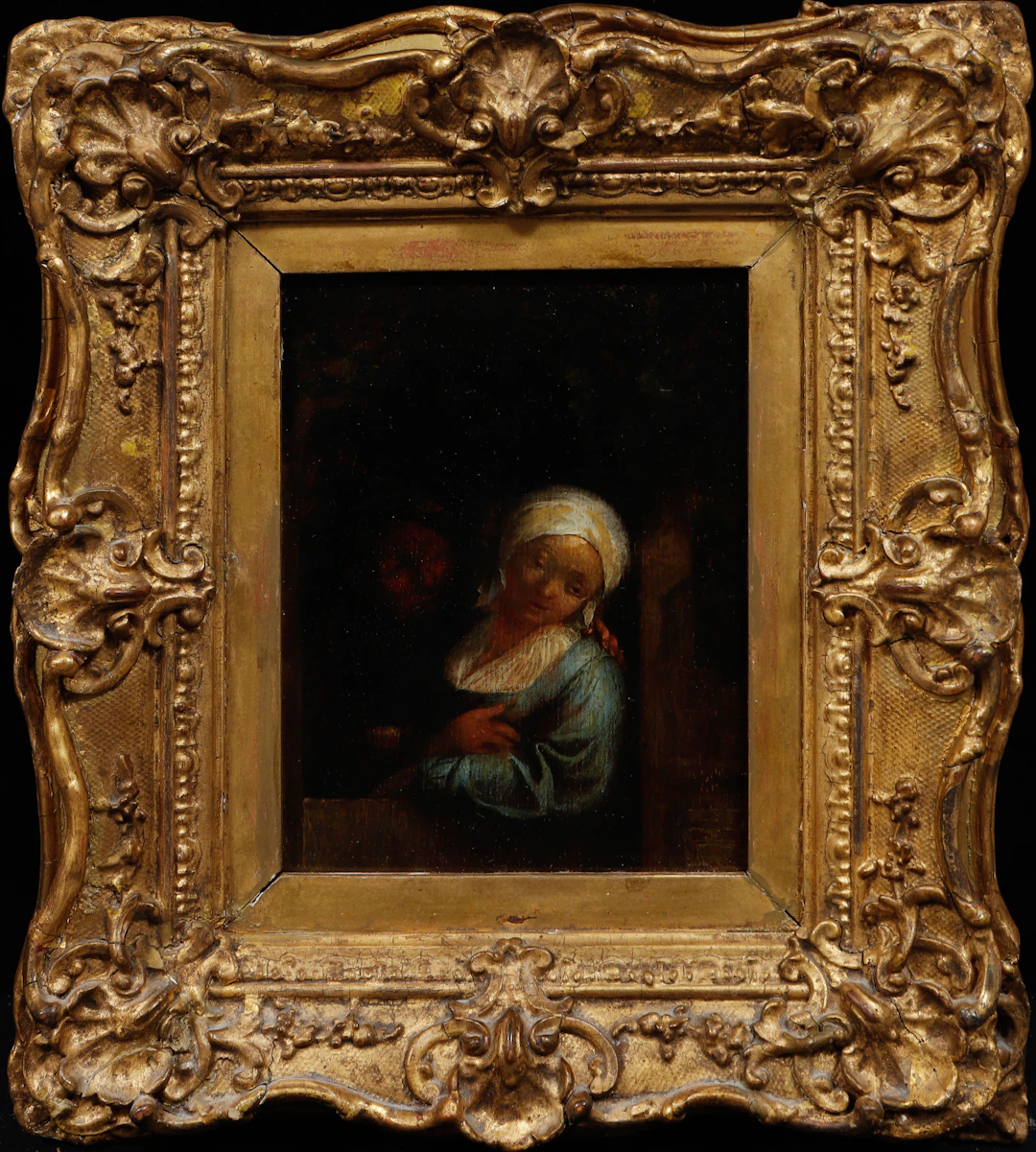 OIDENTIFIERAD KONSTNÄR. 2 stycken. Par i fönster, olja på pannå, 1700/1800-tal.