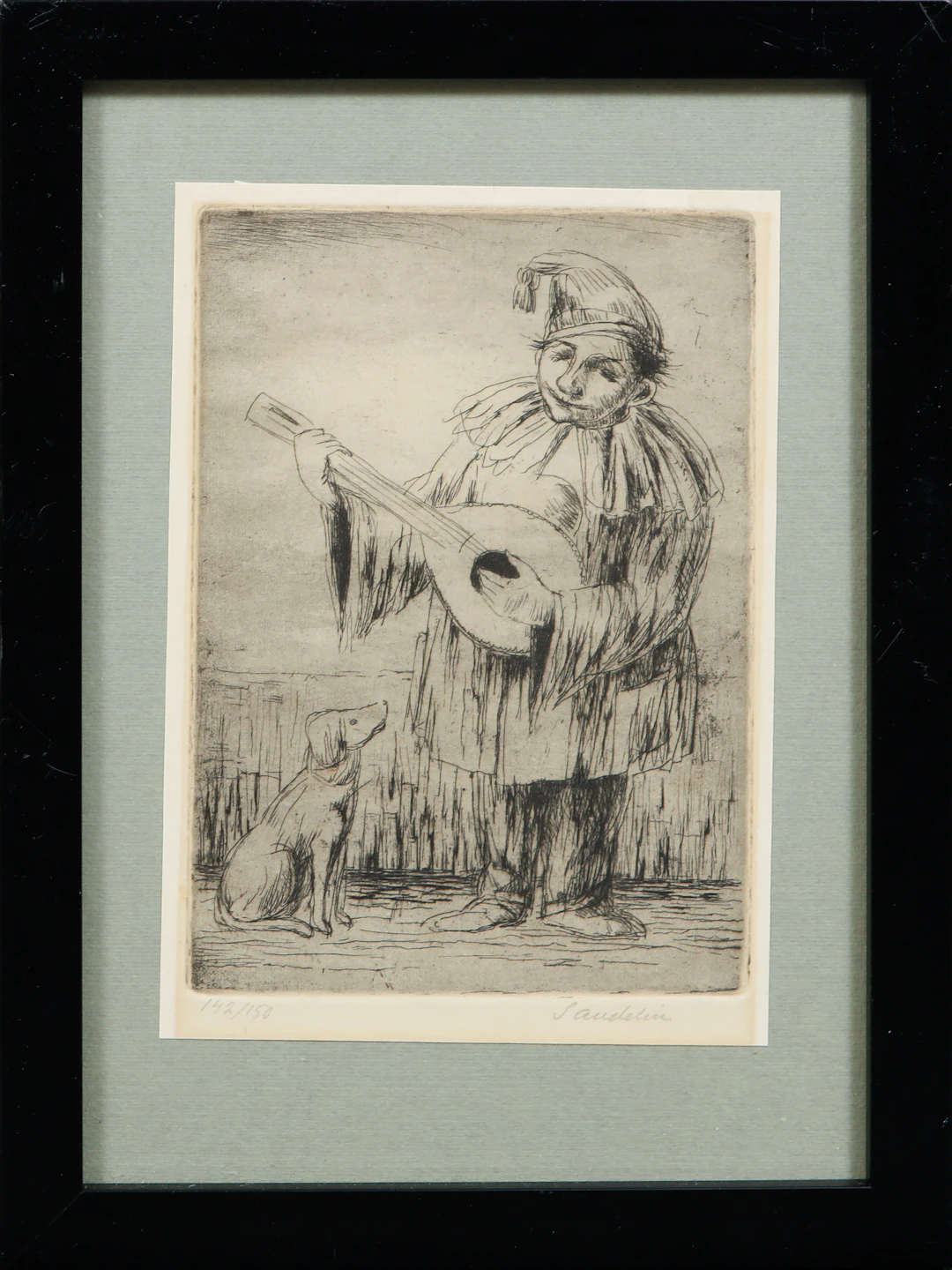 BÖRJE SANDELIN. Harlekin med hund, torrnål, signerad och numrerad 142/150.